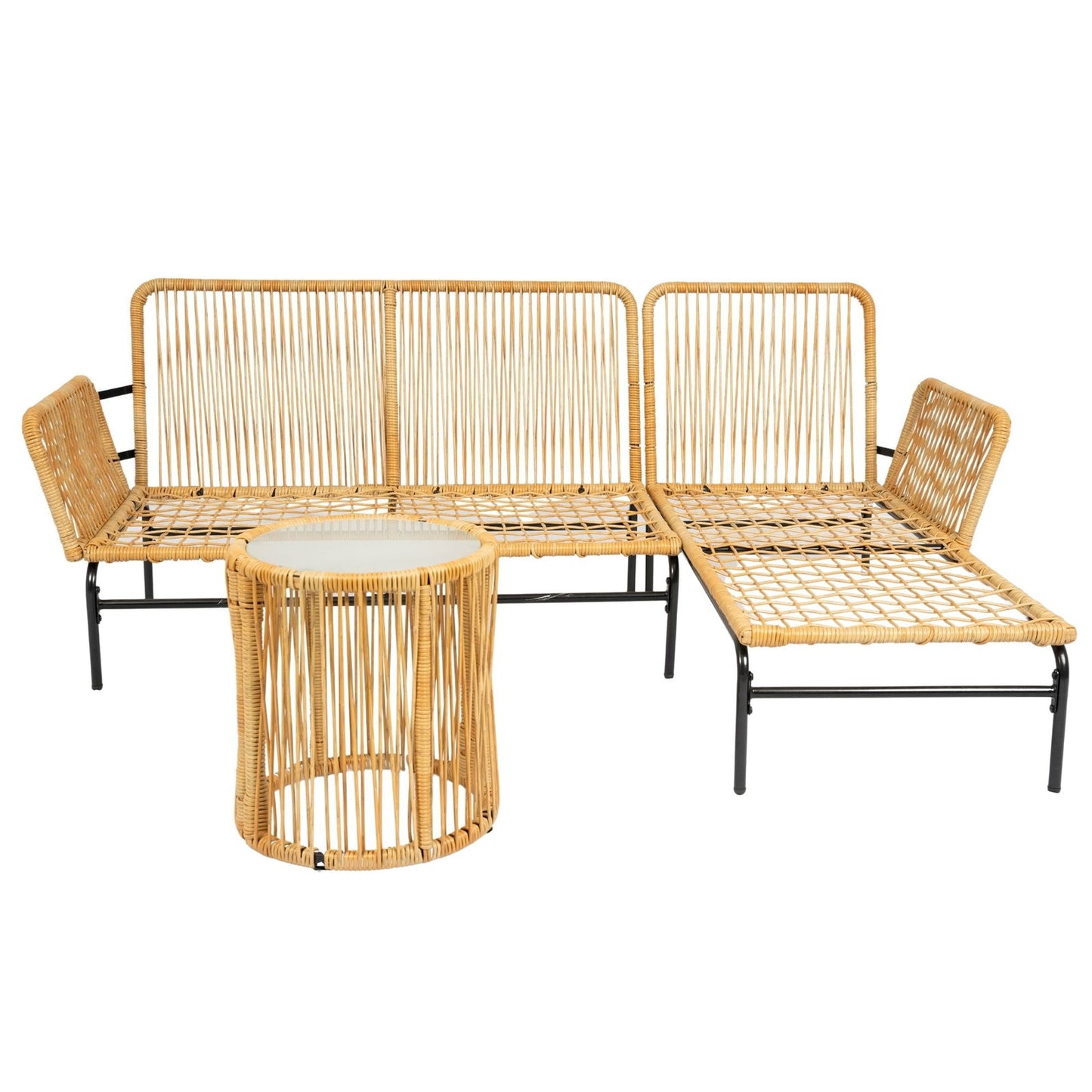 3 Pieces Outdoor Patio Wicker Furniture Sets Table and Chairs with 3.15-inches Thick Cushion Outdoor Sofa Set Natural Yellow Wicker + Creme Cushion himalipasal