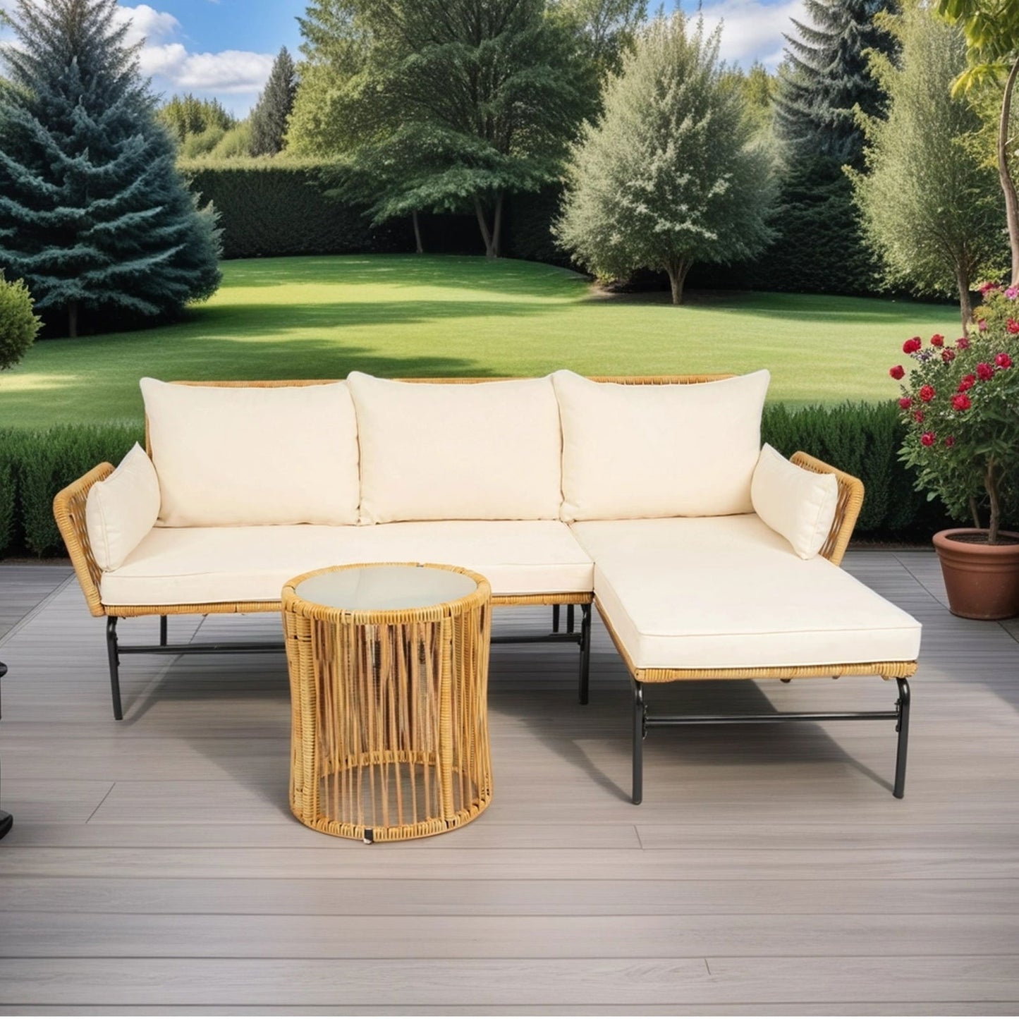 3 Pieces Outdoor Patio Wicker Furniture Sets Table and Chairs with 3.15-inches Thick Cushion Outdoor Sofa Set Natural Yellow Wicker + Creme Cushion himalipasal