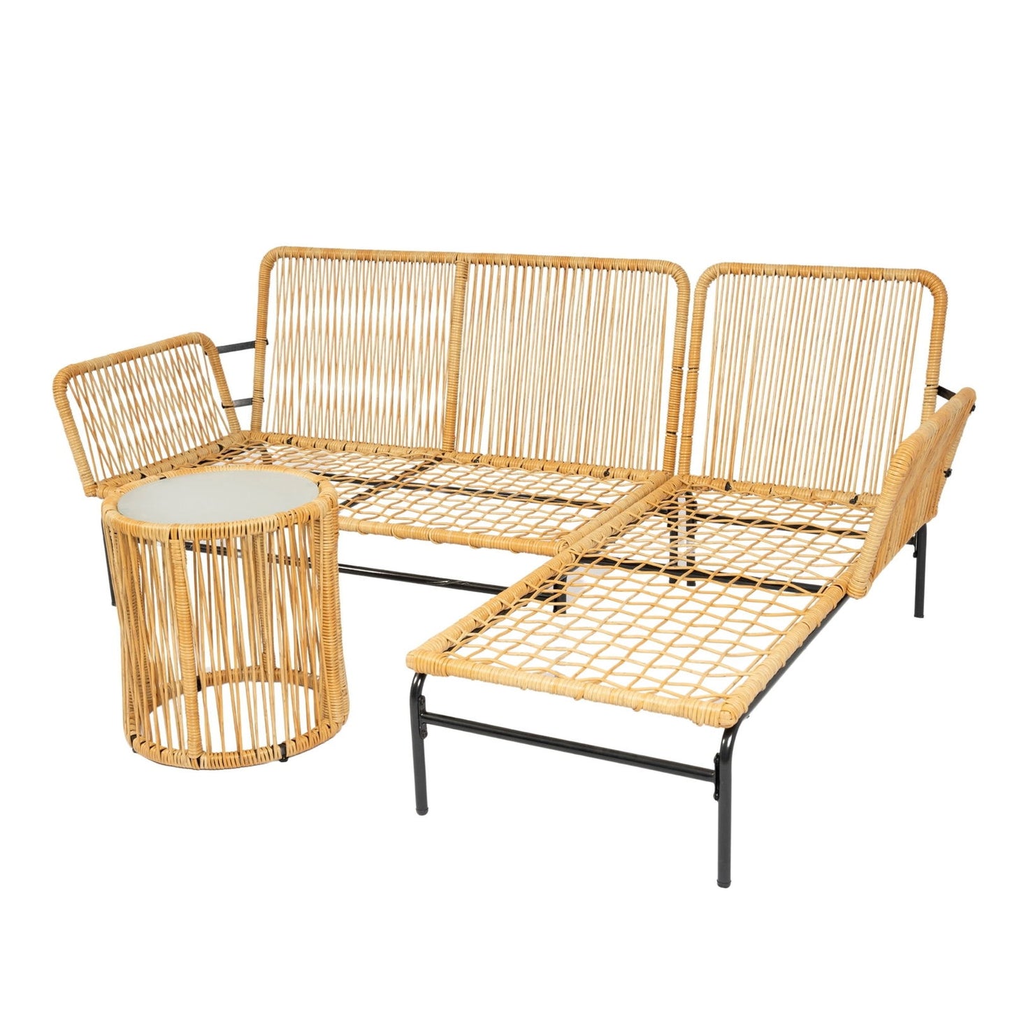 3 Pieces Outdoor Patio Wicker Furniture Sets Table and Chairs with 3.15-inches Thick Cushion Outdoor Sofa Set Natural Yellow Wicker + Creme Cushion himalipasal