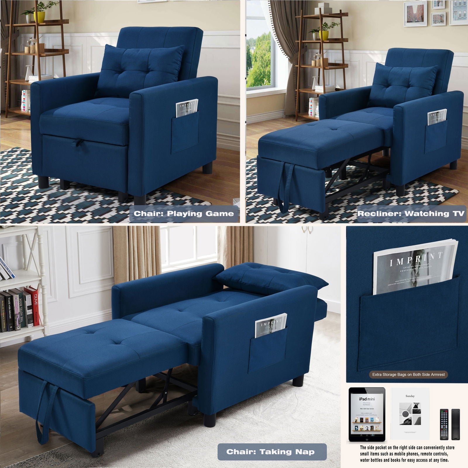 3-in-1 Convertible Futon Sofa Bed with Adjustable Backrest, Single Sofa Bed with Pull Out Sleeper, Convertible Futon Chair for Living Room, Side Bag and 1 Lumbar Pillow,Navy himalipasal