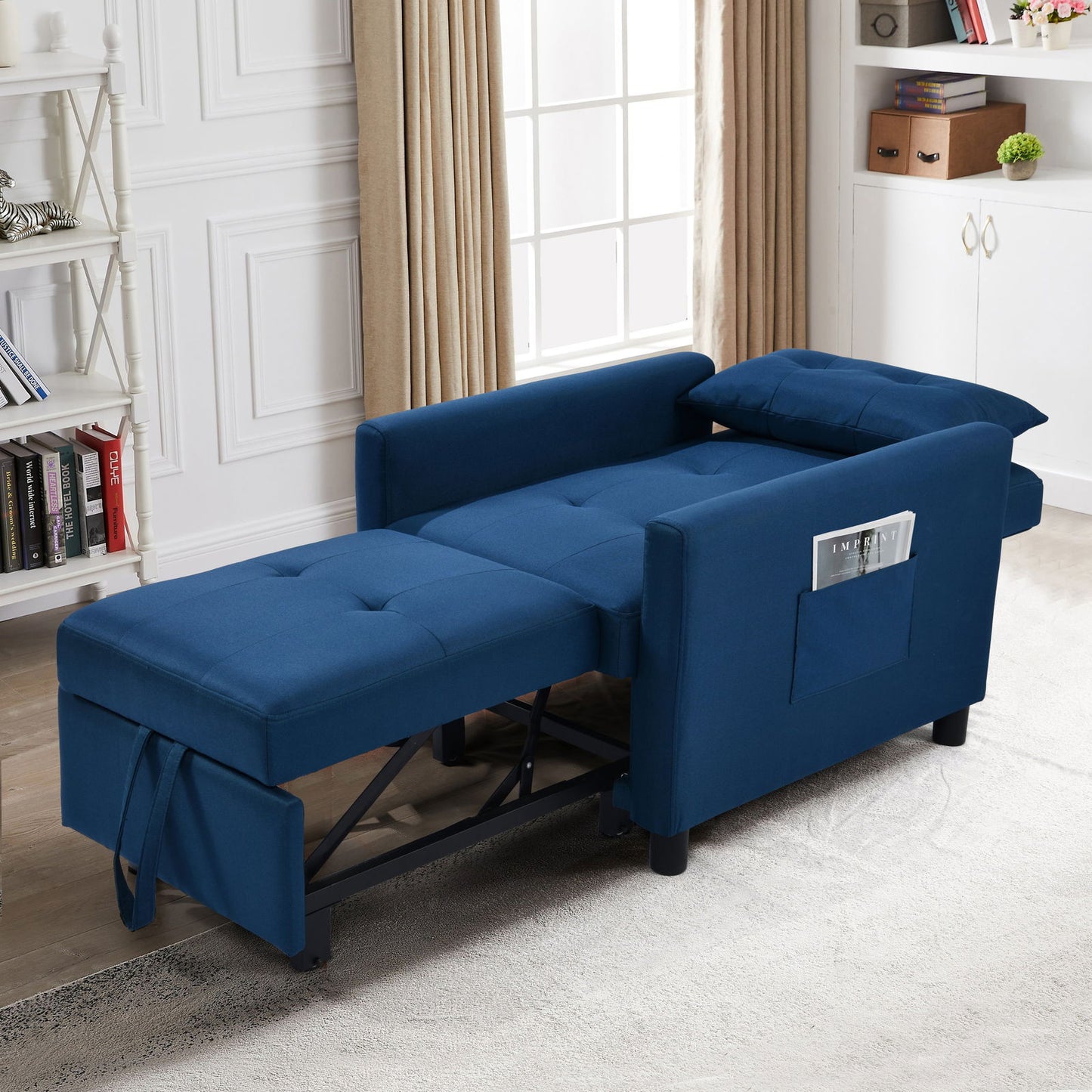 3-in-1 Convertible Futon Sofa Bed with Adjustable Backrest, Single Sofa Bed with Pull Out Sleeper, Convertible Futon Chair for Living Room, Side Bag and 1 Lumbar Pillow,Navy himalipasal