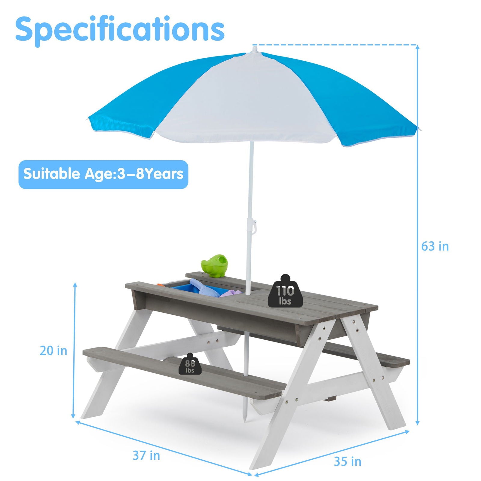 3-in-1 Kids Outdoor Wooden Picnic Table With Umbrella, Convertible Sand & Wate, Gray ASTM & CPSIA CERTIFICATION himalipasal