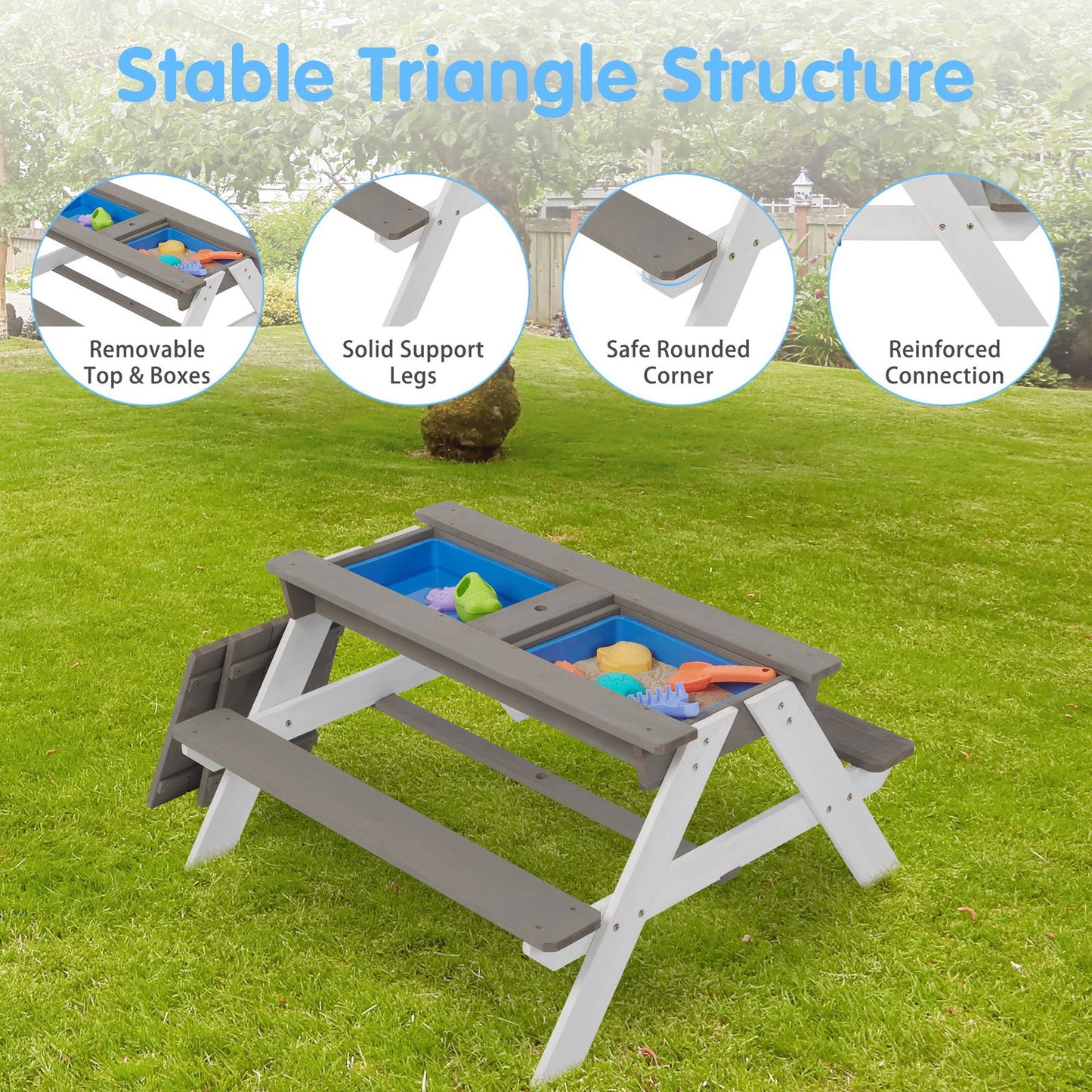 3-in-1 Kids Outdoor Wooden Picnic Table With Umbrella, Convertible Sand & Wate, Gray ASTM & CPSIA CERTIFICATION himalipasal