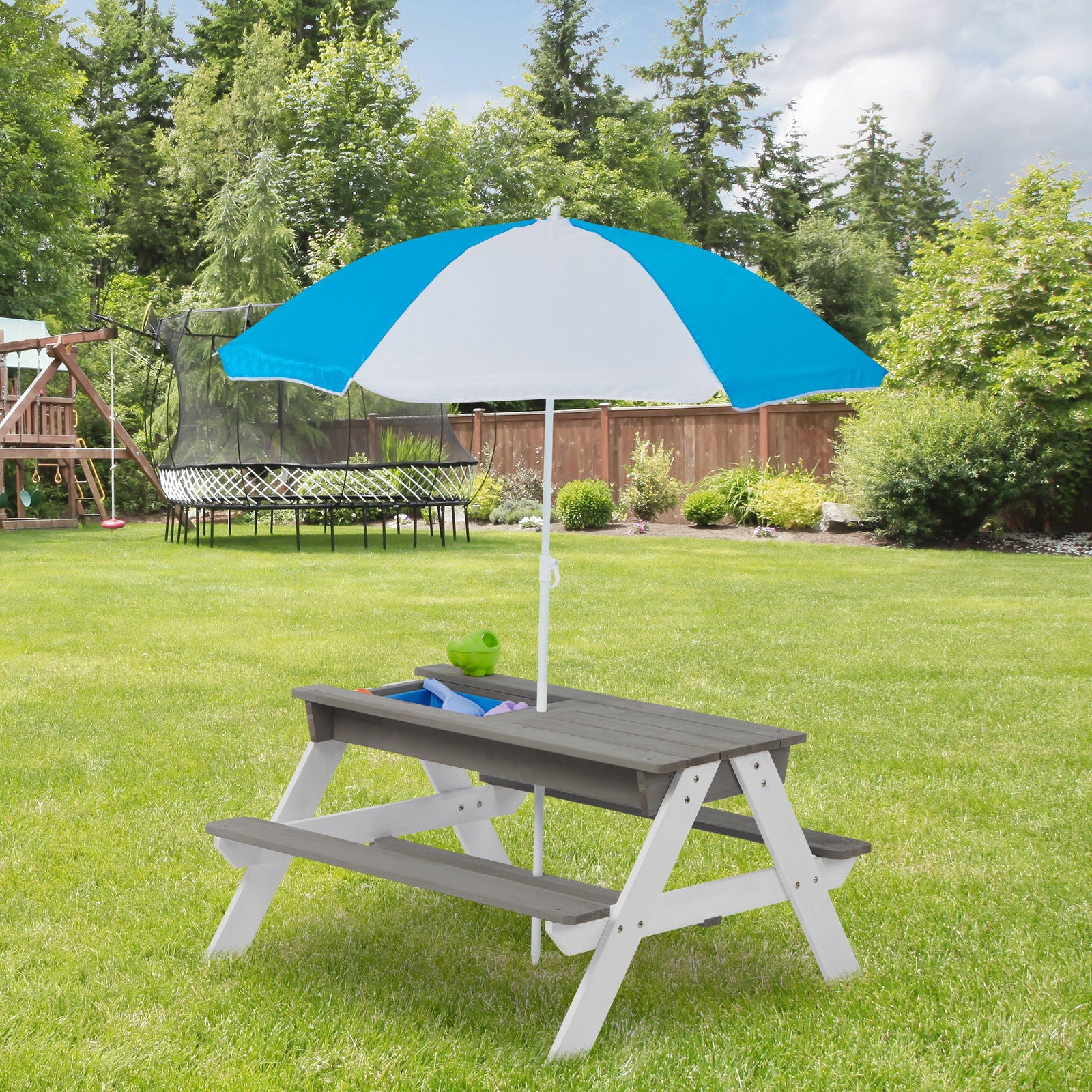 3-in-1 Kids Outdoor Wooden Picnic Table With Umbrella, Convertible Sand & Wate, Gray ASTM & CPSIA CERTIFICATION himalipasal