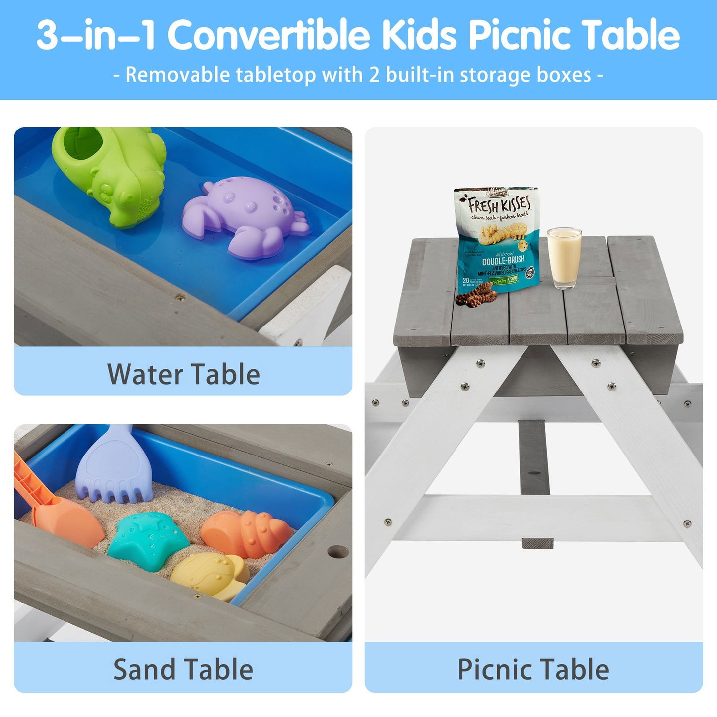 3-in-1 Kids Outdoor Wooden Picnic Table With Umbrella, Convertible Sand & Wate, Gray ASTM & CPSIA CERTIFICATION himalipasal