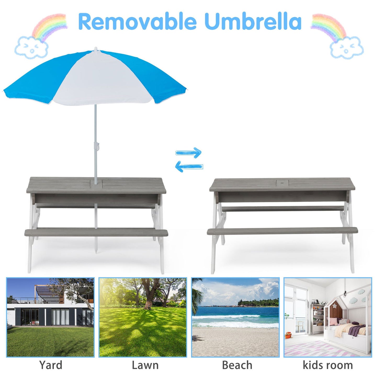 3-in-1 Kids Outdoor Wooden Picnic Table With Umbrella, Convertible Sand & Wate, Gray ASTM & CPSIA CERTIFICATION himalipasal