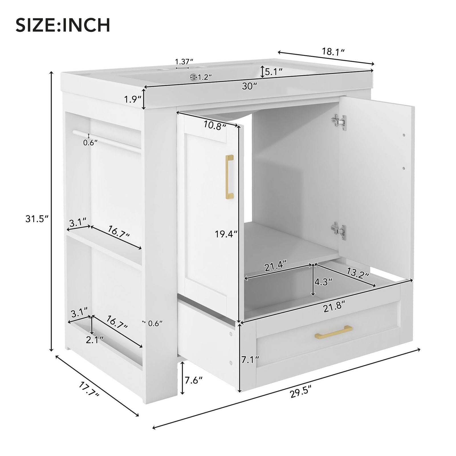 30'' Bathroom Vanity with Seperate Basin Sink, Modern Bathroom Storage Cabinet with Double-sided Storage Shelf, Freestanding Bathroom Vanity Cabinet with Single Sink himalipasal