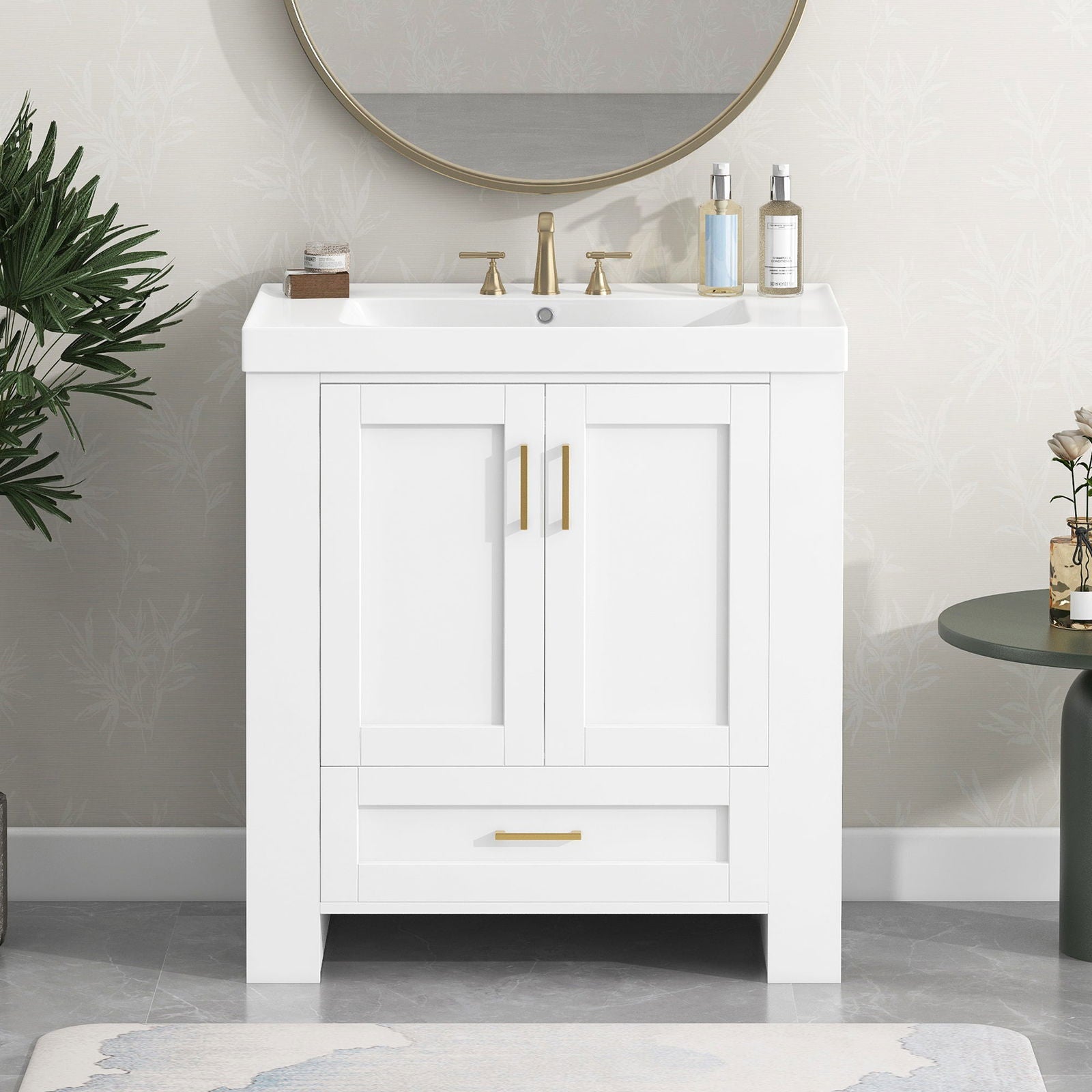 30'' Bathroom Vanity with Seperate Basin Sink, Modern Bathroom Storage Cabinet with Double-sided Storage Shelf, Freestanding Bathroom Vanity Cabinet with Single Sink himalipasal