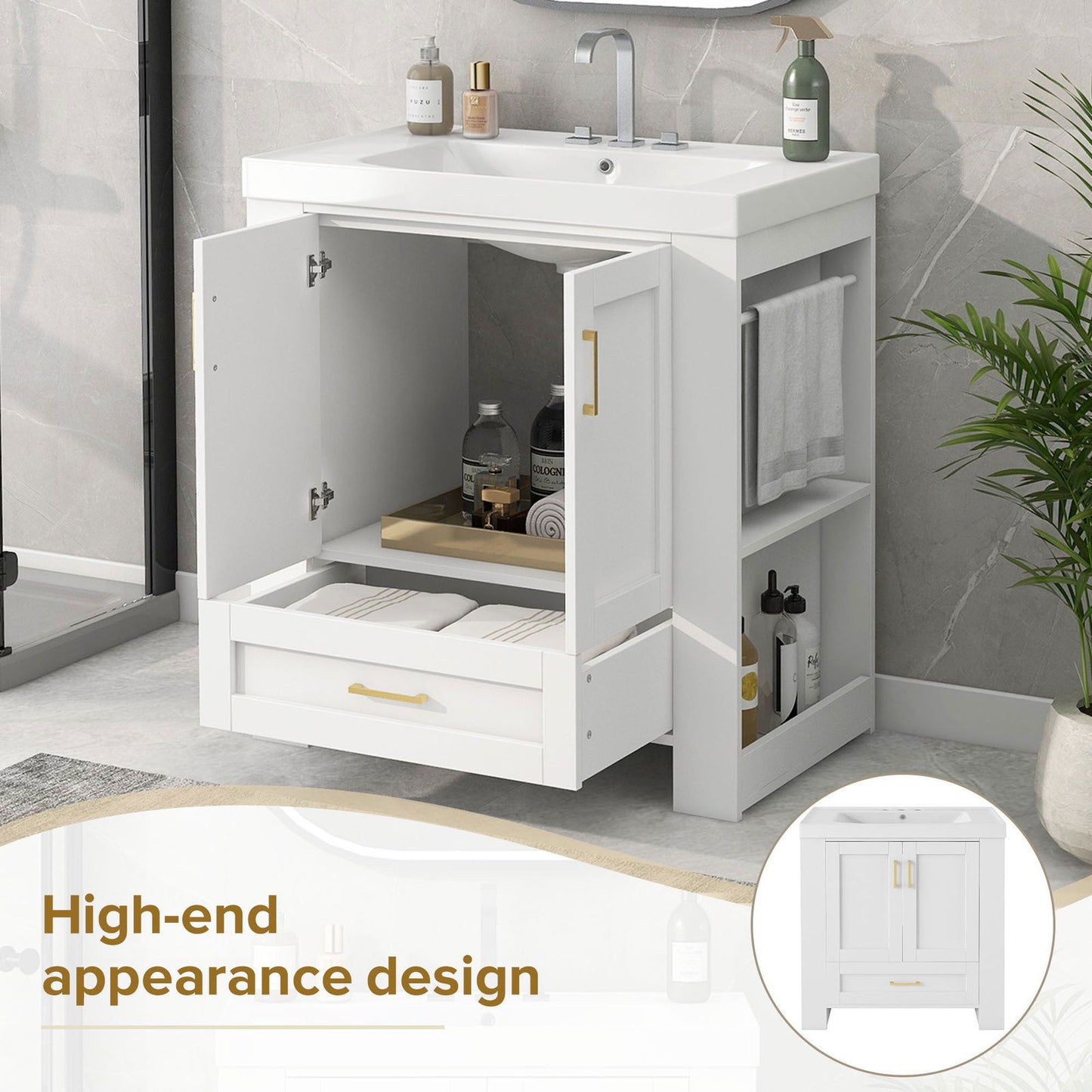 30'' Bathroom Vanity with Seperate Basin Sink, Modern Bathroom Storage Cabinet with Double-sided Storage Shelf, Freestanding Bathroom Vanity Cabinet with Single Sink himalipasal