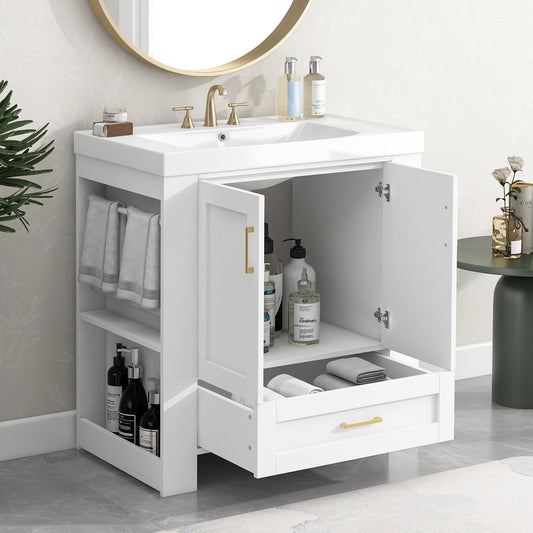 30'' Bathroom Vanity with Seperate Basin Sink, Modern Bathroom Storage Cabinet with Double-sided Storage Shelf, Freestanding Bathroom Vanity Cabinet with Single Sink himalipasal