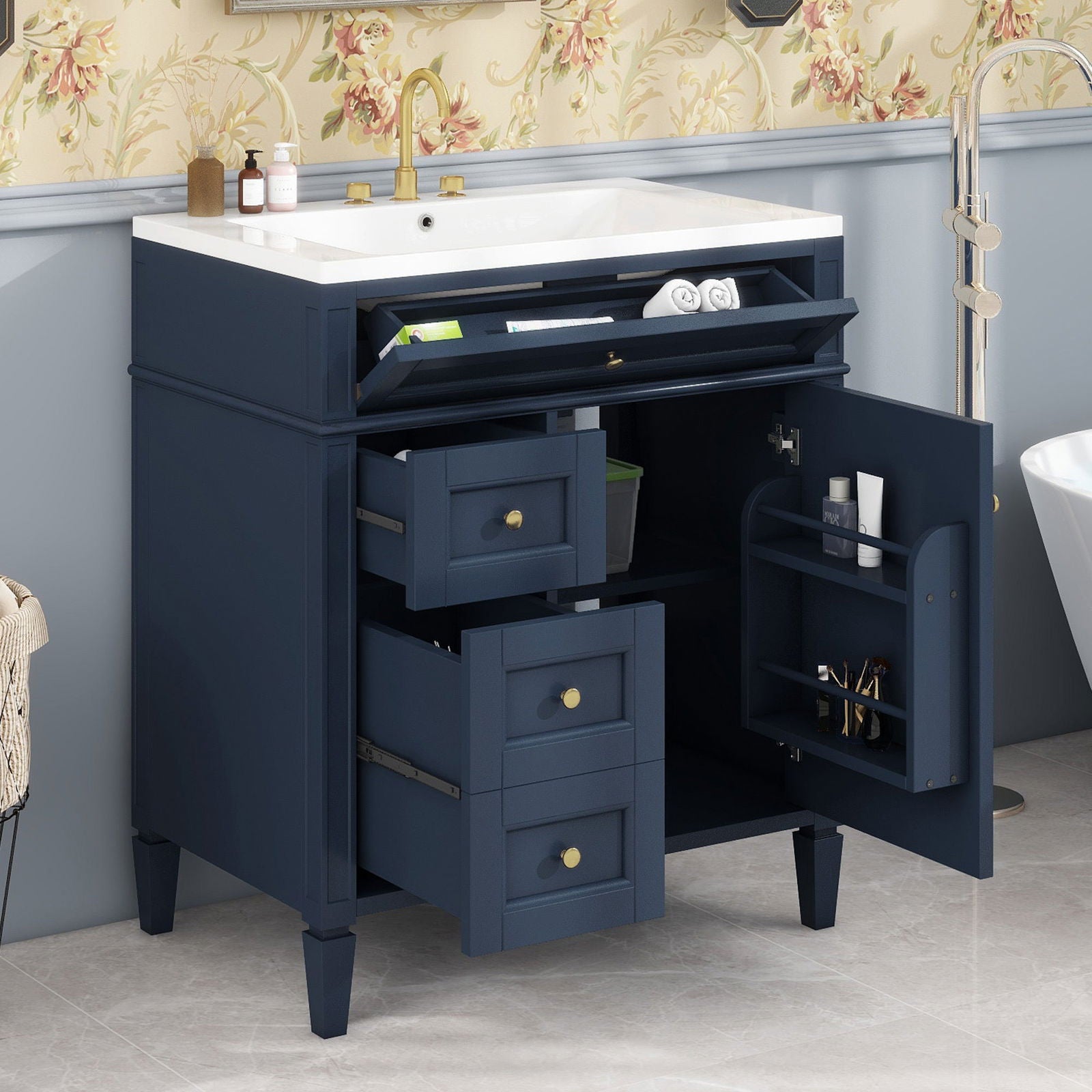 30'' Bathroom Vanity with Top Sink, Modern Bathroom Storage Cabinet with 2 Drawers and a Tip-out Drawer, Single Sink Bathroom Vanity himalipasal