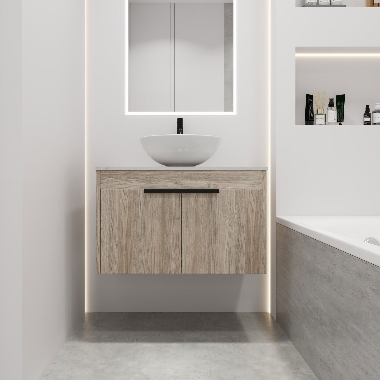 30 " Modern Design Float Bathroom Vanity With Ceramic Basin Set, Wall Mounted White Oak Vanity With Soft Close Door,KD-Packing,KD-Packing,2 Pieces Parcel(TOP-BAB321MOWH) himalipasal