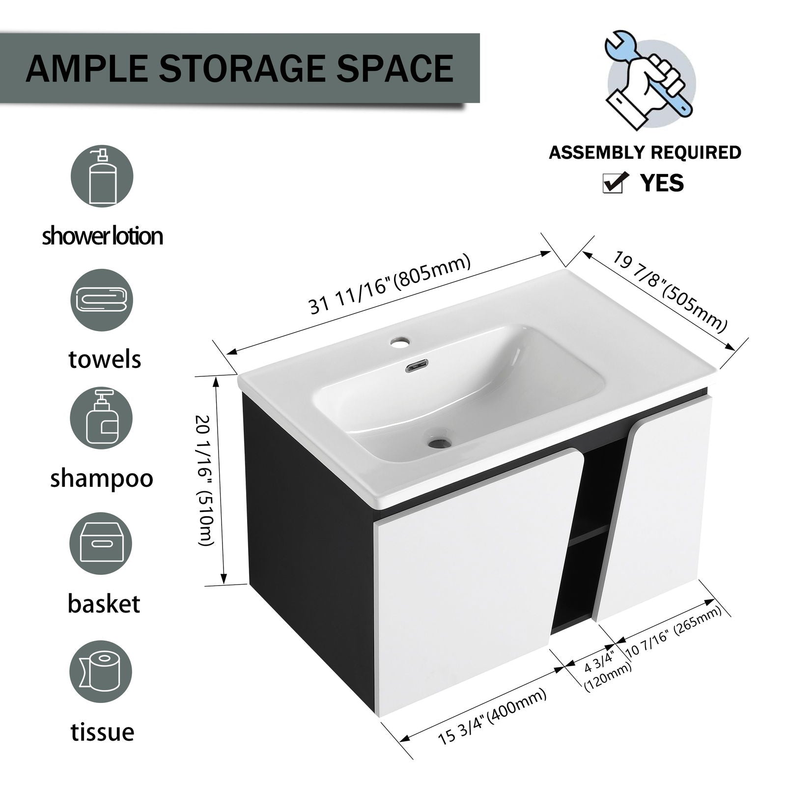 32' Floating Wall-Mounted Bathroom Vanity With Single Sink,& Soft-Close Cabinet Door himalipasal