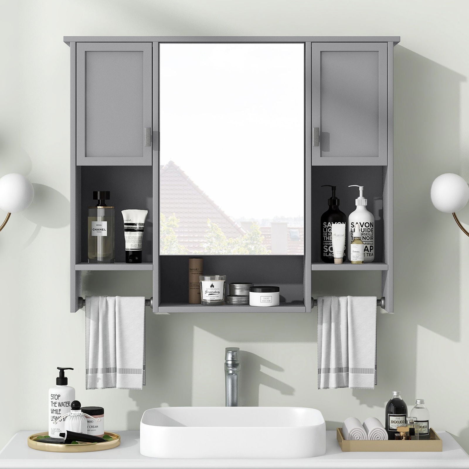 35'' x 28'' Modern Wall Mounted Bathroom Storage Cabinet, Bathroom Wall Cabinet with Mirror, Medicine Cabinet with Towels Bar himalipasal