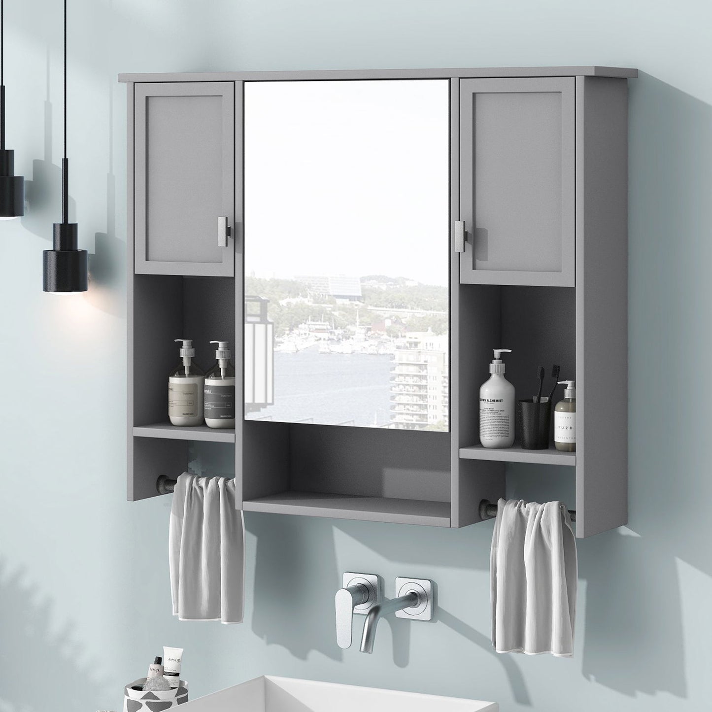 35'' x 28'' Modern Wall Mounted Bathroom Storage Cabinet, Bathroom Wall Cabinet with Mirror, Medicine Cabinet with Towels Bar himalipasal