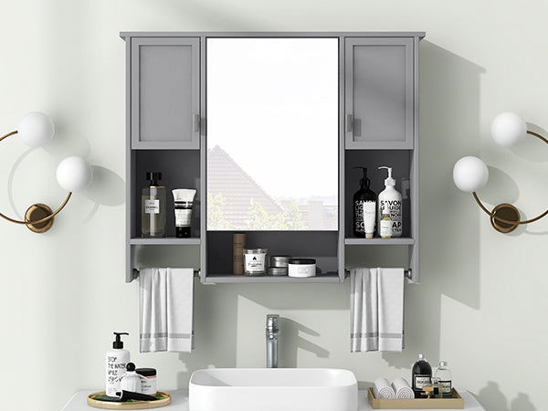 35'' x 28'' Modern Wall Mounted Bathroom Storage Cabinet, Bathroom Wall Cabinet with Mirror, Medicine Cabinet with Towels Bar himalipasal