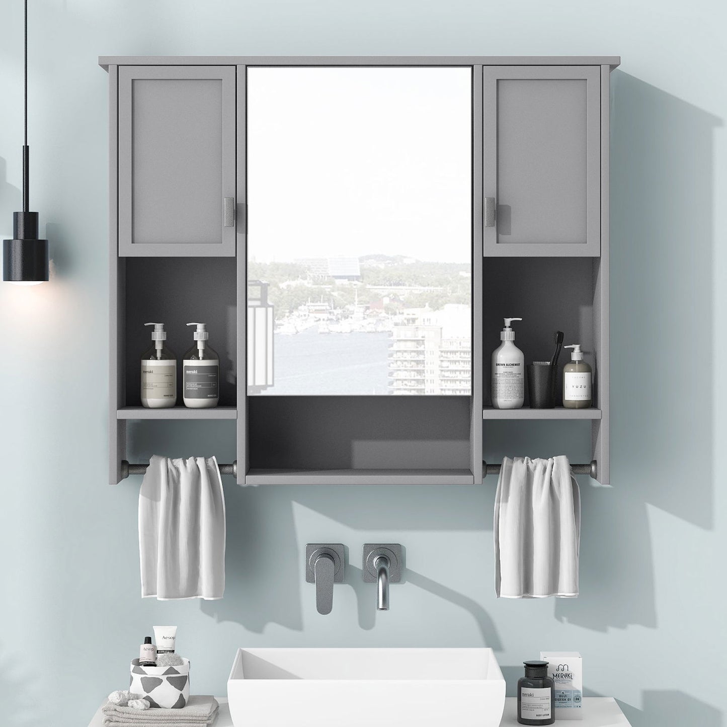 35'' x 28'' Modern Wall Mounted Bathroom Storage Cabinet, Bathroom Wall Cabinet with Mirror, Medicine Cabinet with Towels Bar himalipasal