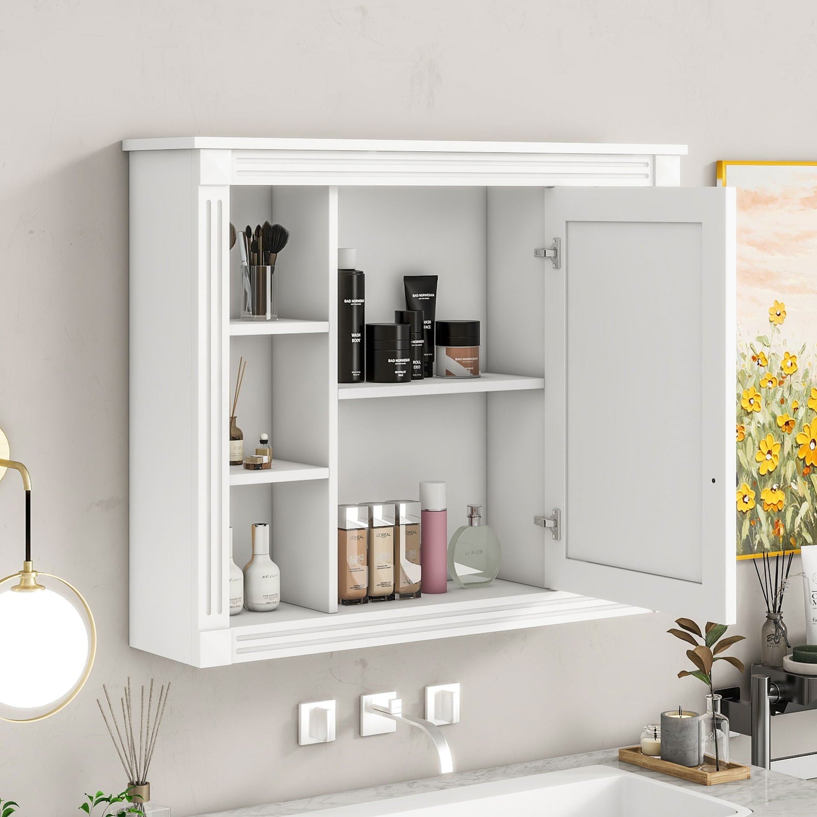 35'' x 28'' Wall Mounted Bathroom Storage Cabinet, Medicine Cabinet, Modern Bathroom Wall Cabinet with Mirror, Mirror Cabinet with 6 Open Shelves (Not Include Bathroom Vanity ) himalipasal