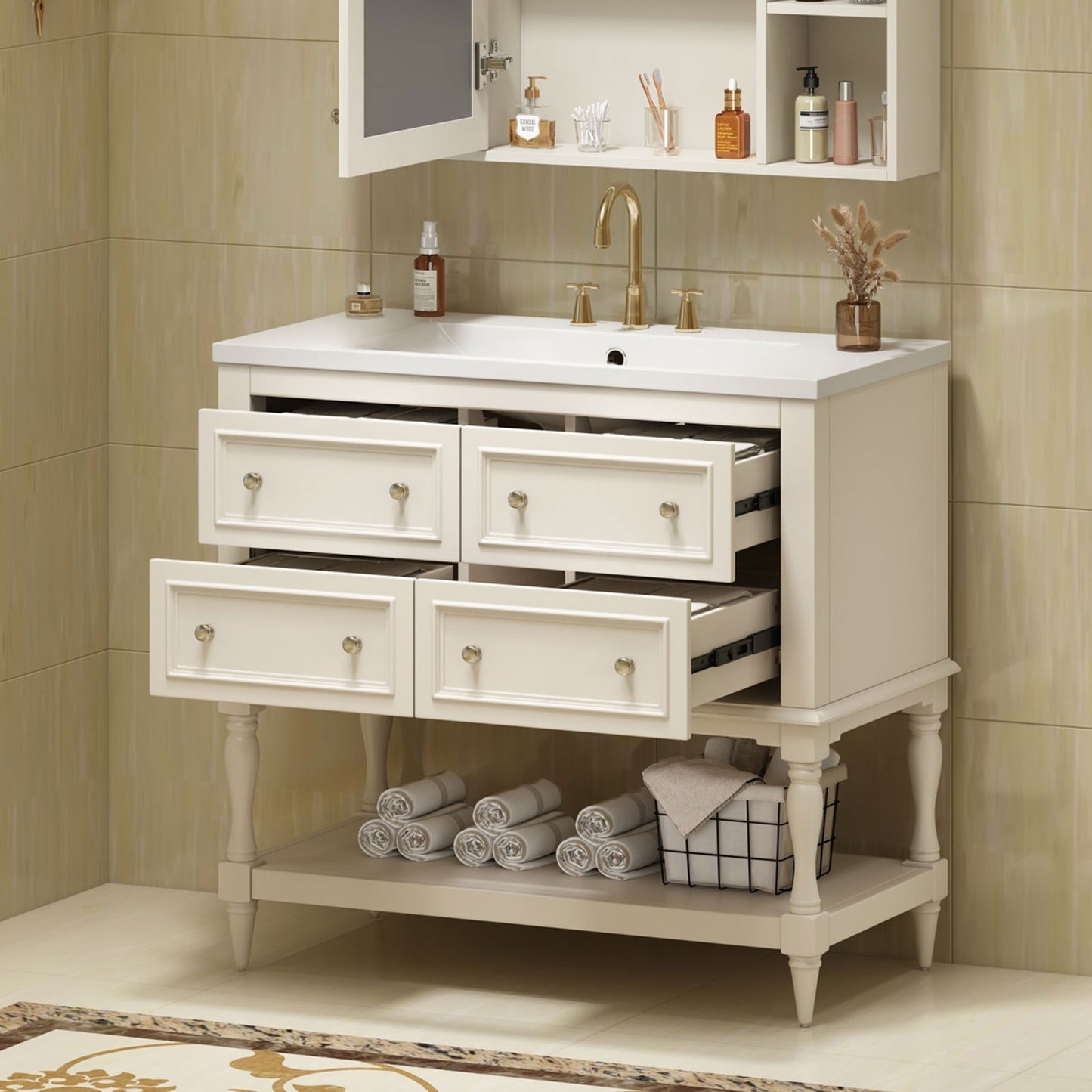 36" Bathroom Vanity Cabinet with Sink Combo Set, Undermount Resin Sink, Free Standing Vanity Set with 4 Drawers, Solid Wood Frame Bathroom Cabinet, Beige himalipasal