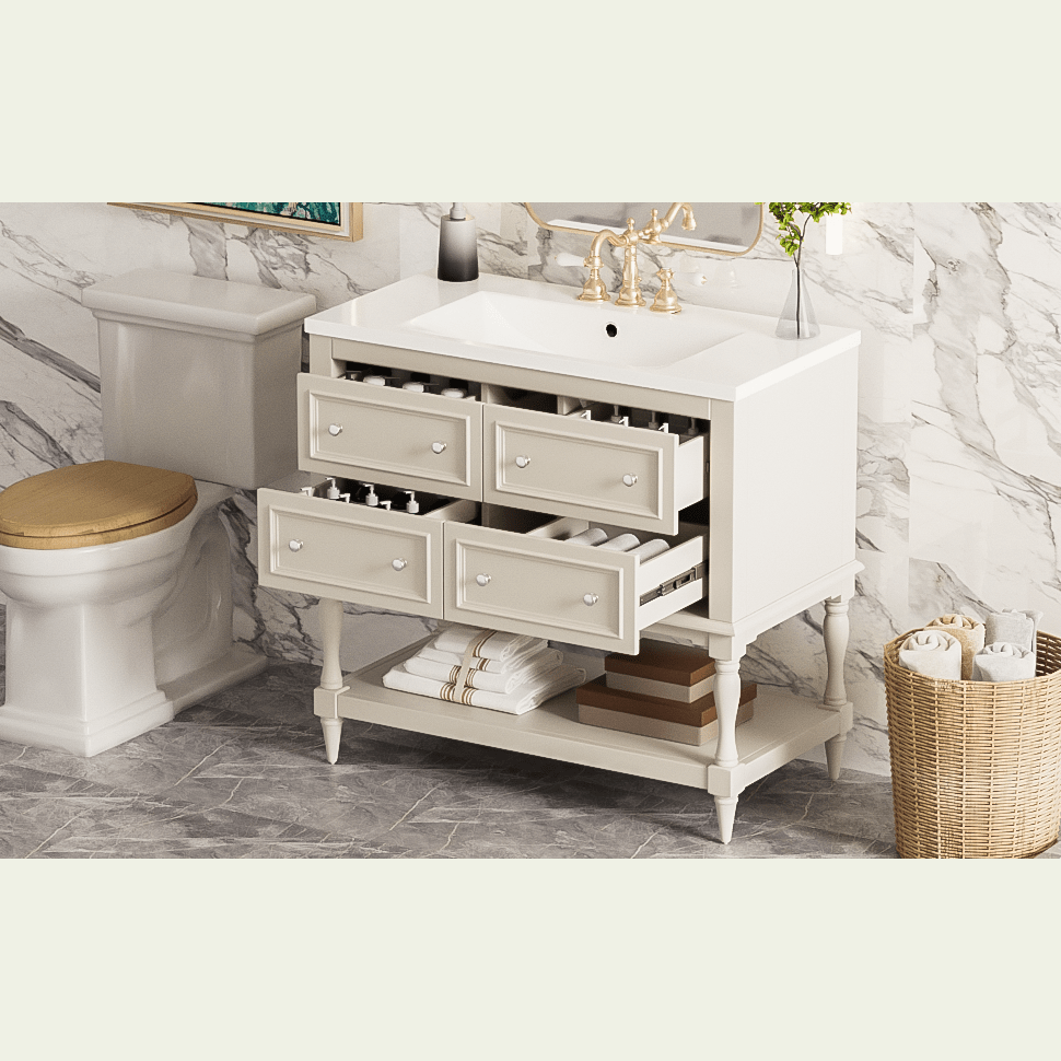 36" Bathroom Vanity Cabinet with Sink Combo Set, Undermount Resin Sink, Free Standing Vanity Set with 4 Drawers, Solid Wood Frame Bathroom Cabinet, Beige himalipasal