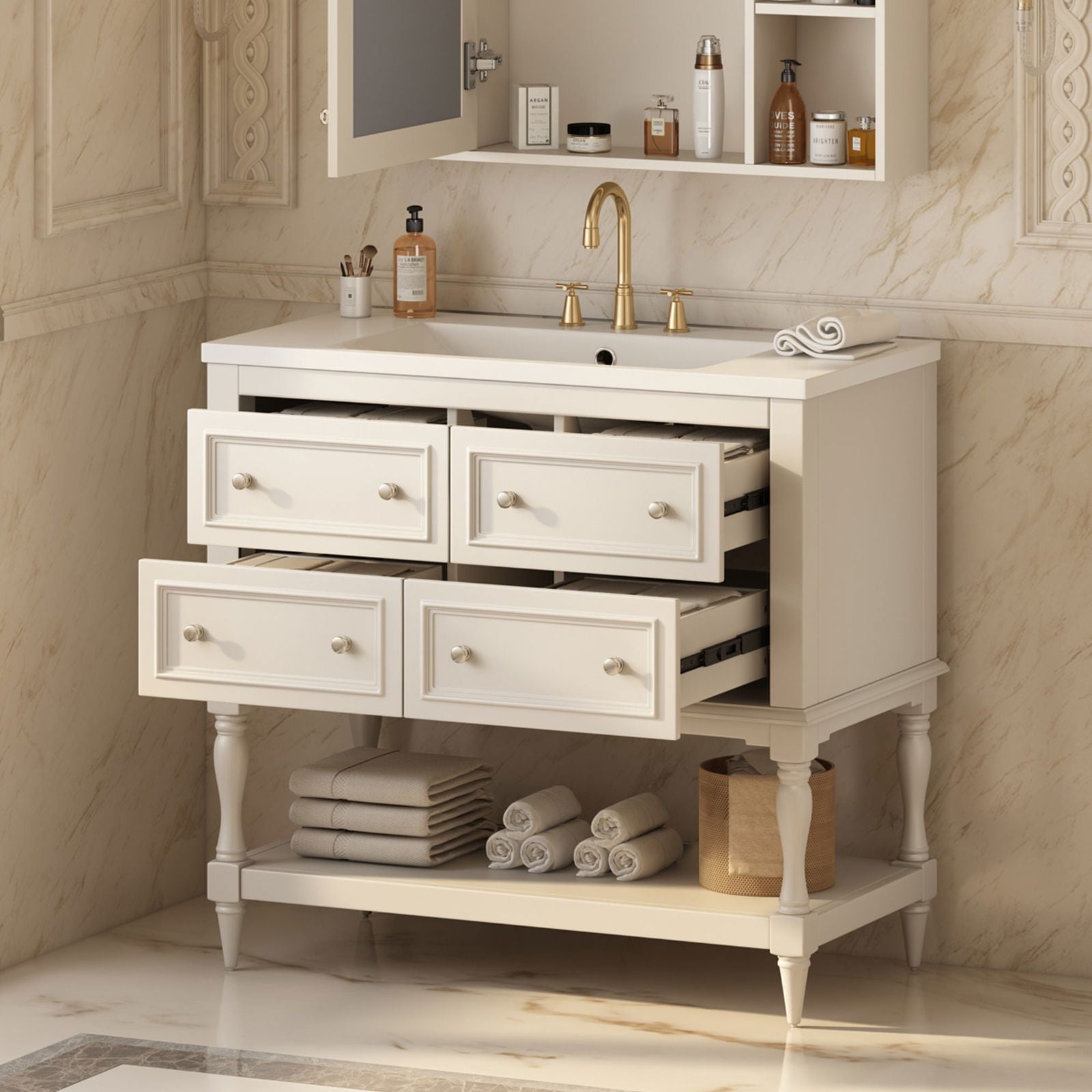 36" Bathroom Vanity Cabinet with Sink Combo Set, Undermount Resin Sink, Free Standing Vanity Set with 4 Drawers, Solid Wood Frame Bathroom Cabinet, Beige himalipasal