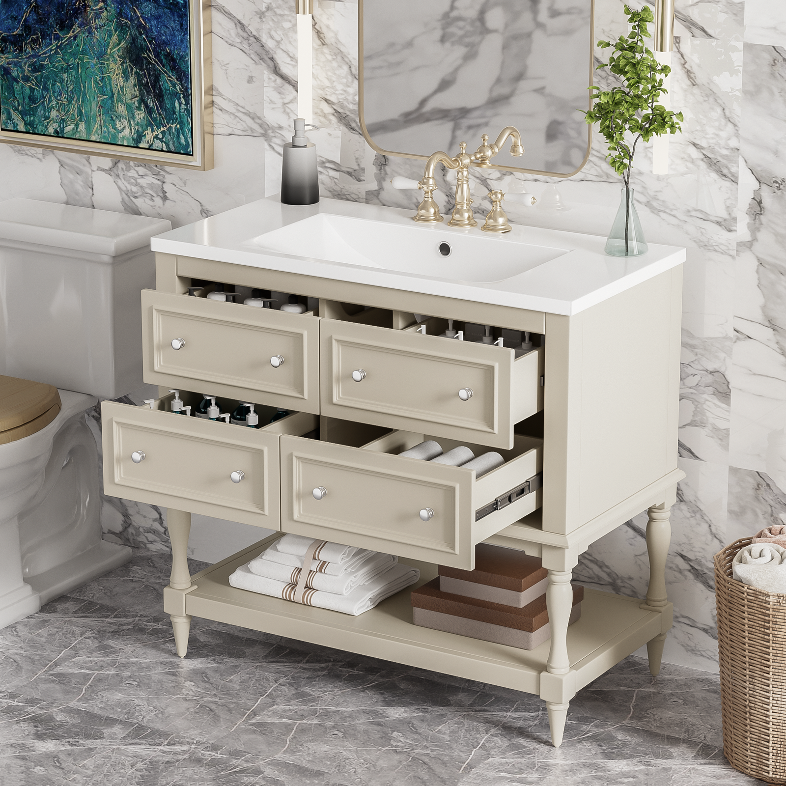 36" Bathroom Vanity Cabinet with Sink Combo Set, Undermount Resin Sink, Free Standing Vanity Set with 4 Drawers, Solid Wood Frame Bathroom Cabinet, Beige himalipasal