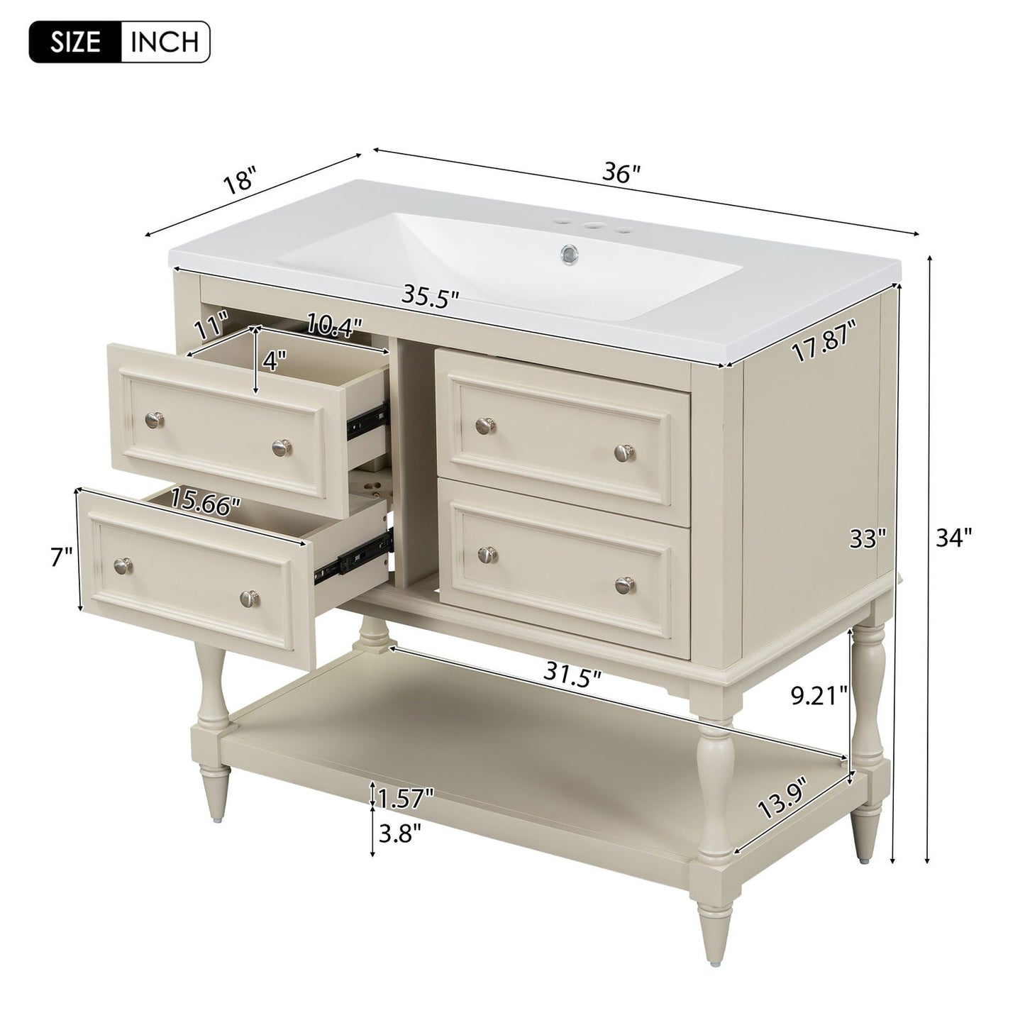 36" Bathroom Vanity Cabinet with Sink Combo Set, Undermount Resin Sink, Free Standing Vanity Set with 4 Drawers, Solid Wood Frame Bathroom Cabinet, Beige himalipasal