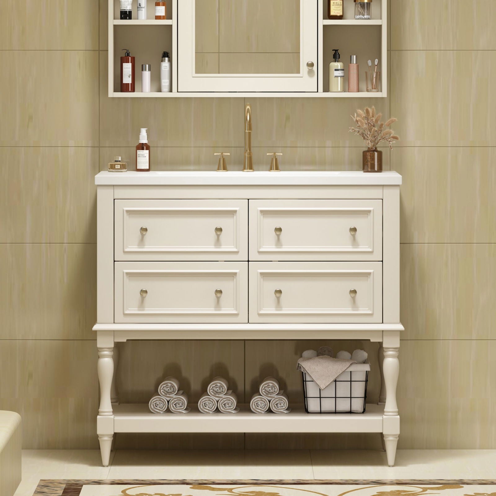 36" Bathroom Vanity Cabinet with Sink Combo Set, Undermount Resin Sink, Free Standing Vanity Set with 4 Drawers, Solid Wood Frame Bathroom Cabinet, Beige himalipasal