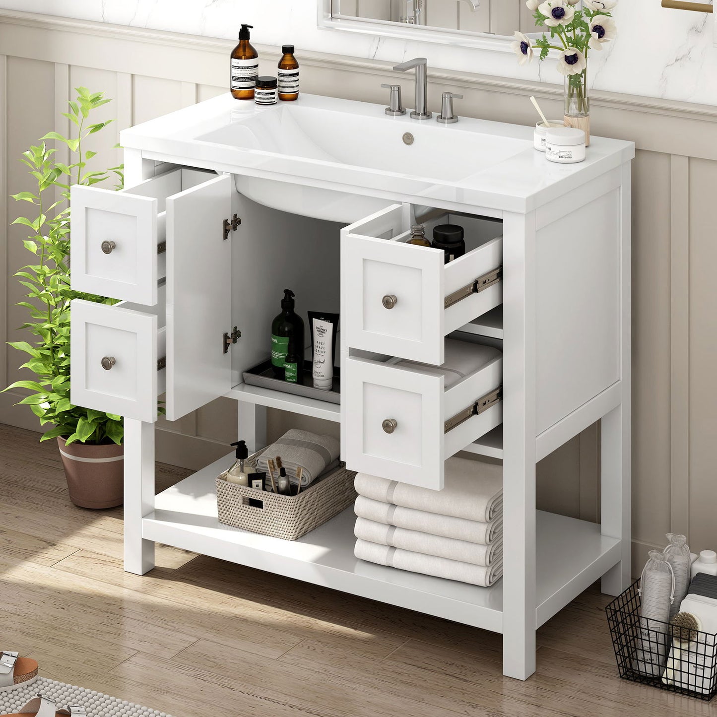 36'' Bathroom Vanity with Undermount Sink,Free Standing Vanity Set with 4 Drawers& Soft Closing Doors,Solid Wood Frame Bathroom Storage Cabinet himalipasal