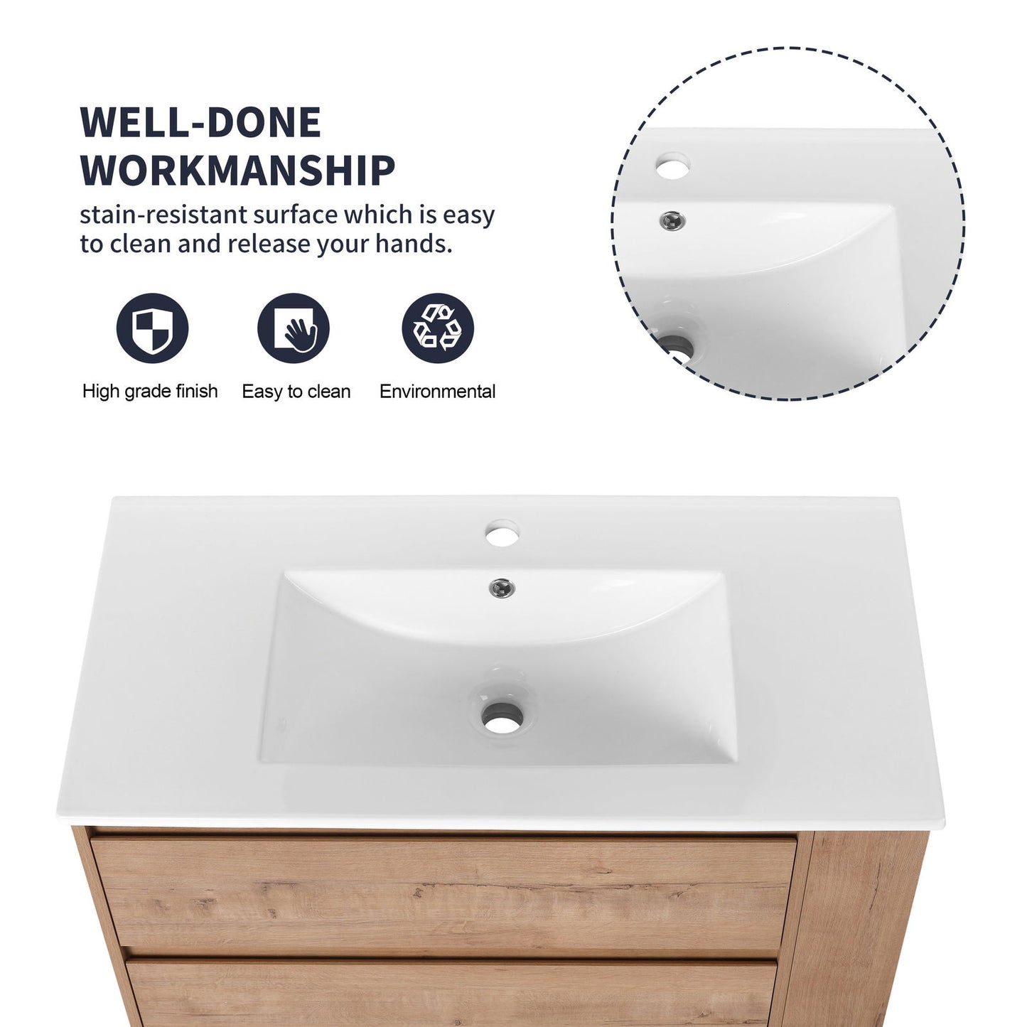 36" Wall Mounting Bathroom Vanity With Ceramic Sink, Soft Close Drawer himalipasal