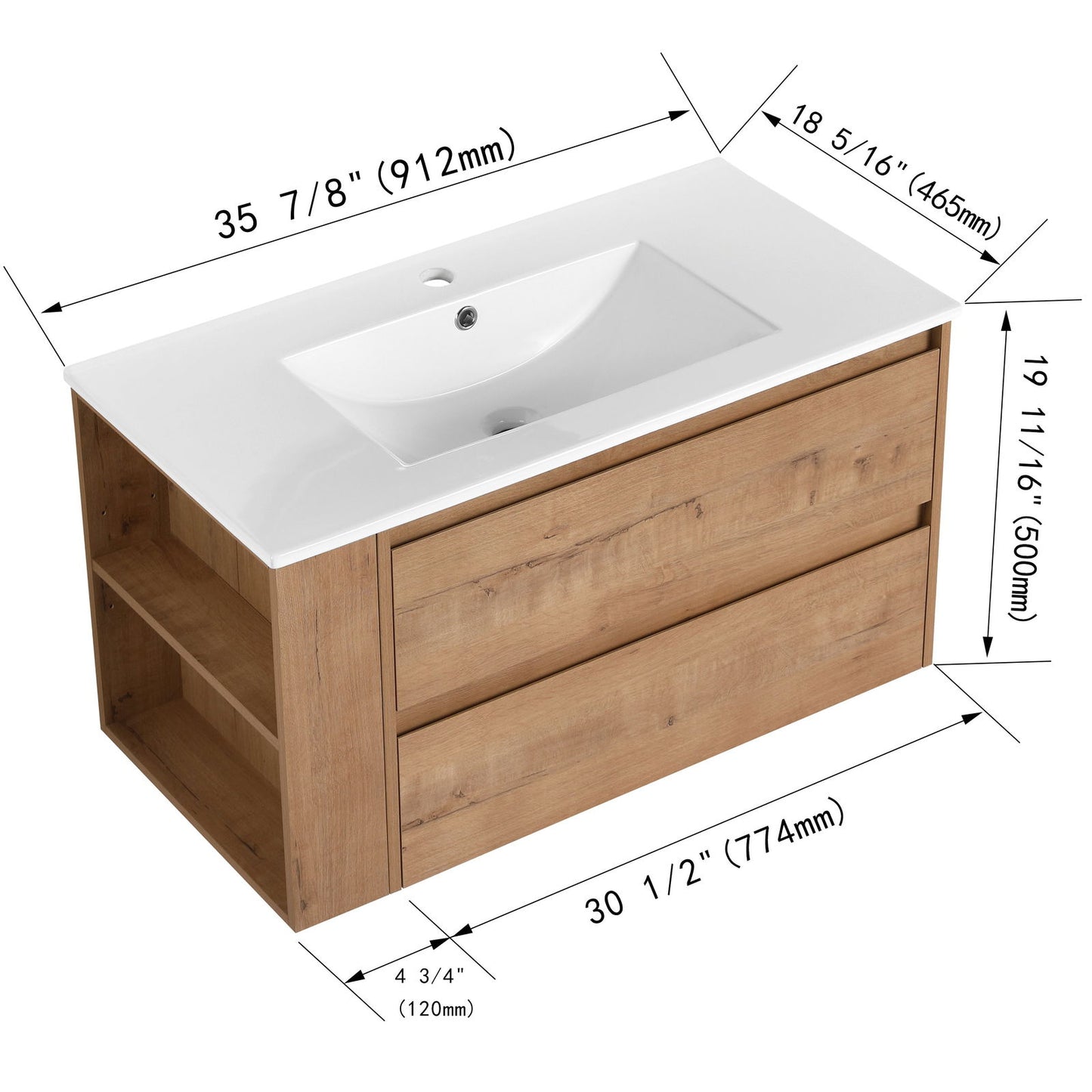 36" Wall Mounting Bathroom Vanity With Ceramic Sink, Soft Close Drawer himalipasal