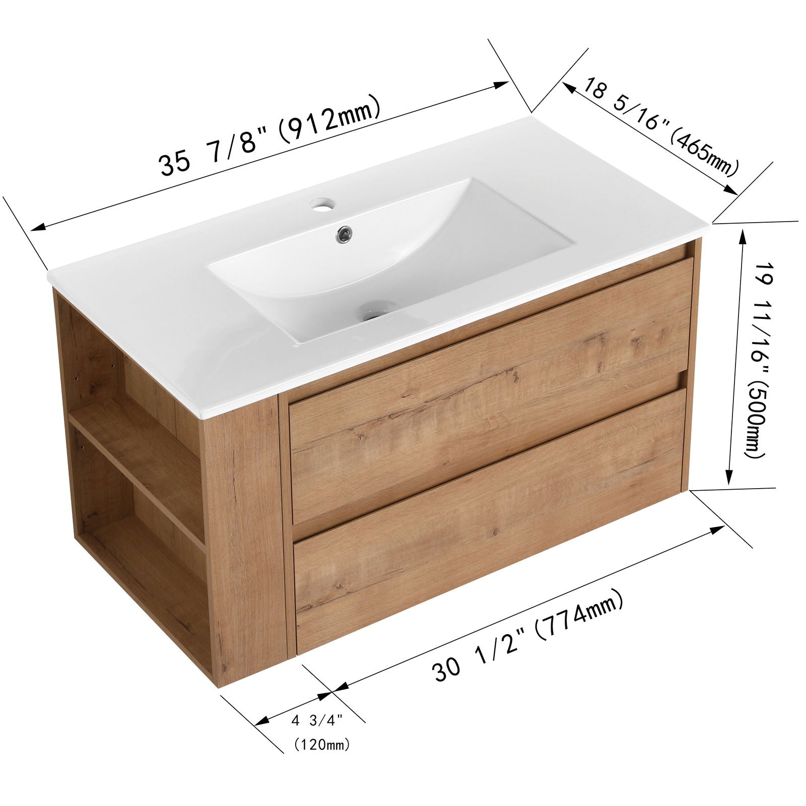 36" Wall Mounting Bathroom Vanity With Ceramic Sink, Soft Close Drawer himalipasal