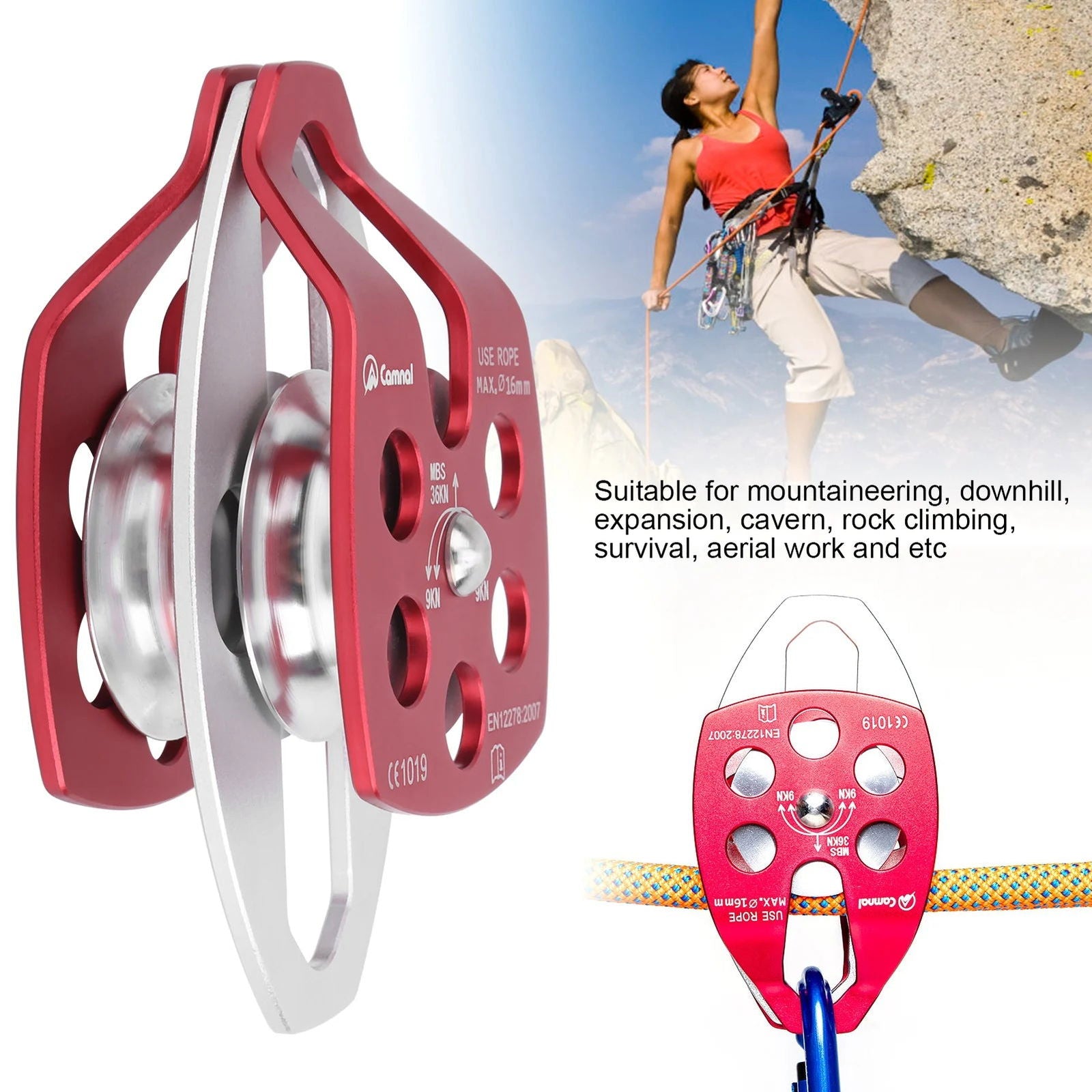 36KN Double Side Swing Pulley, Outdoor Survival Sideplate Double Sheave 7075 Aviation Aluminum Pulley Climbing Mountaineering himalipasal