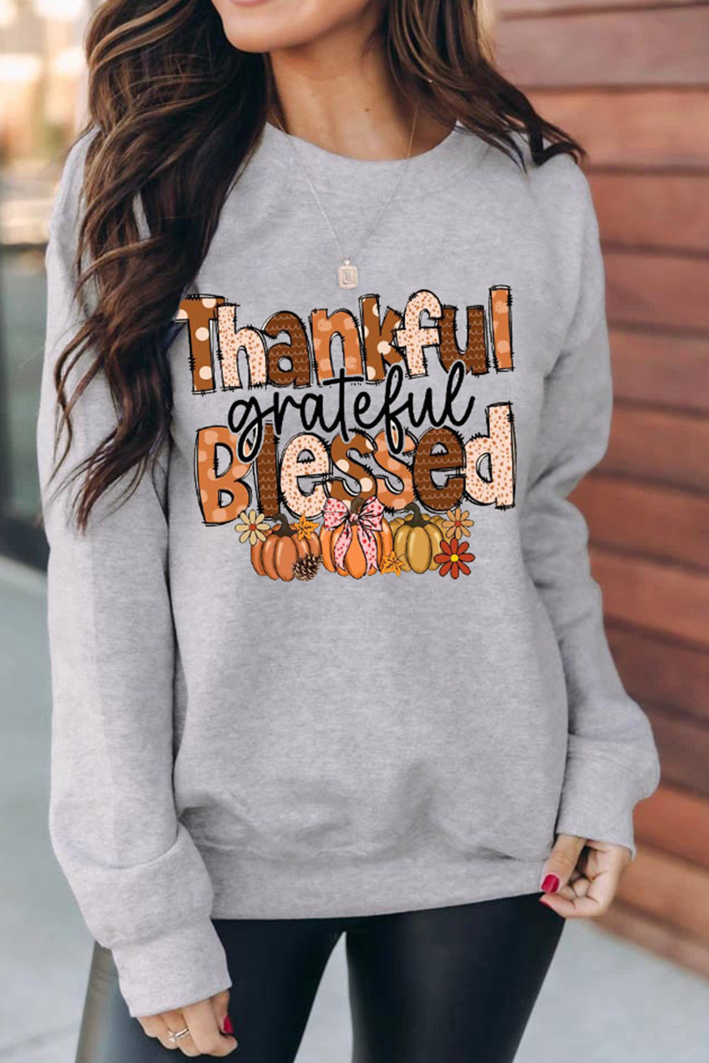 Gray Thankful Grateful Blessed Pumpkin Printed Pullover Sweatshirt