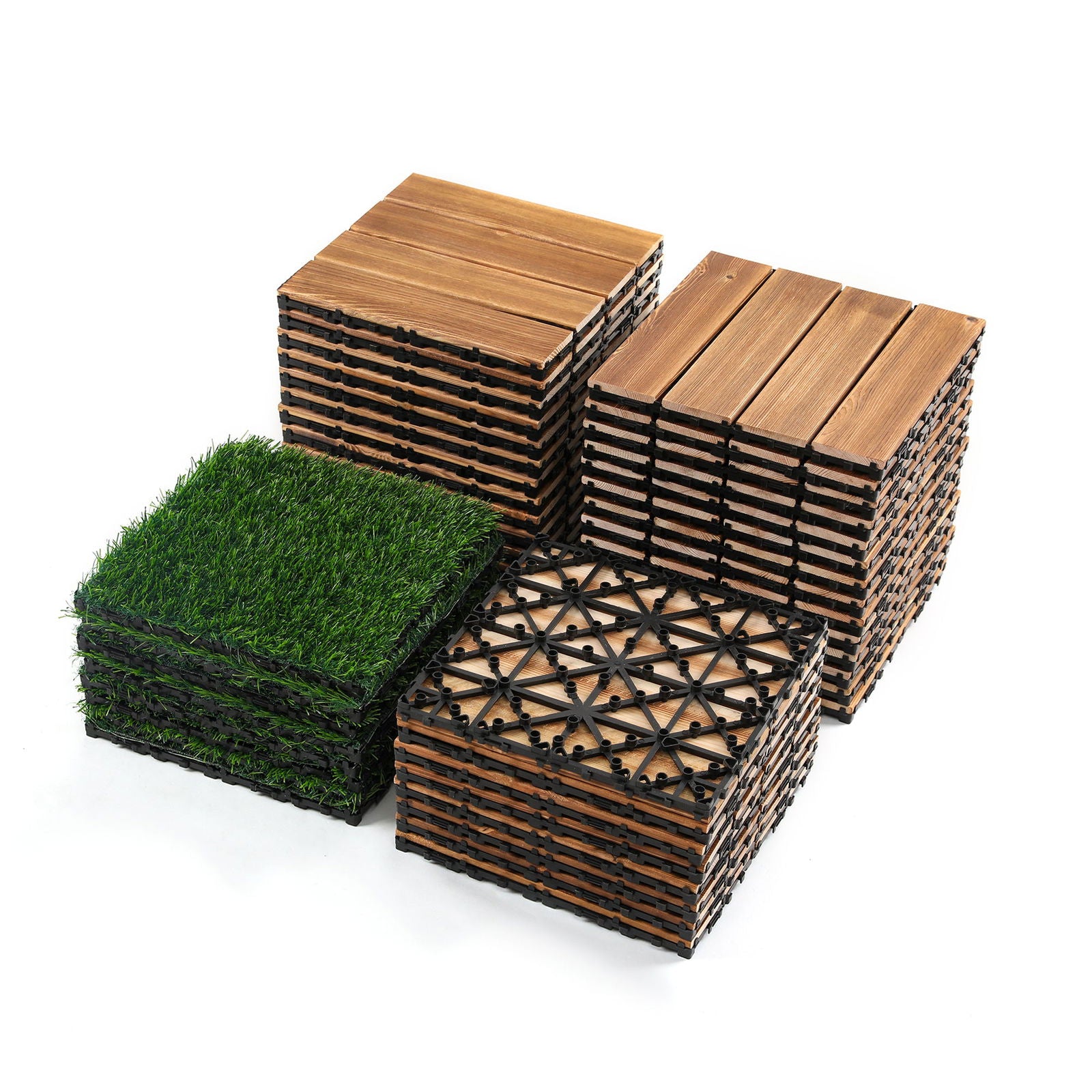 36pcs DIY wood-plastic carbonized floor, 8pcs simulated lawn, waterproof and sunscreen - transform your outdoor space! himalipasal