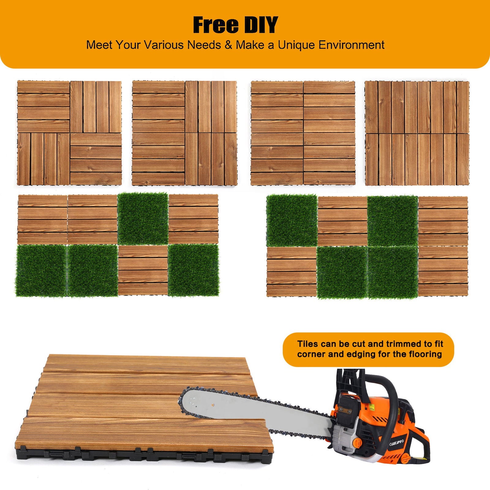 36pcs DIY wood-plastic carbonized floor, 8pcs simulated lawn, waterproof and sunscreen - transform your outdoor space! himalipasal