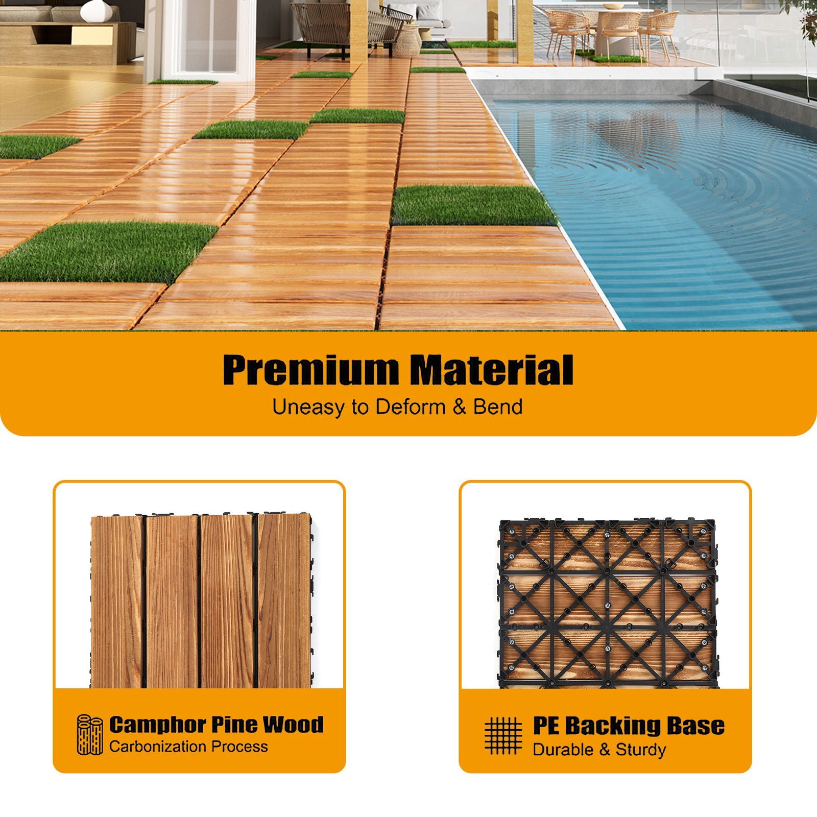 36pcs DIY wood-plastic carbonized floor, 8pcs simulated lawn, waterproof and sunscreen - transform your outdoor space! himalipasal