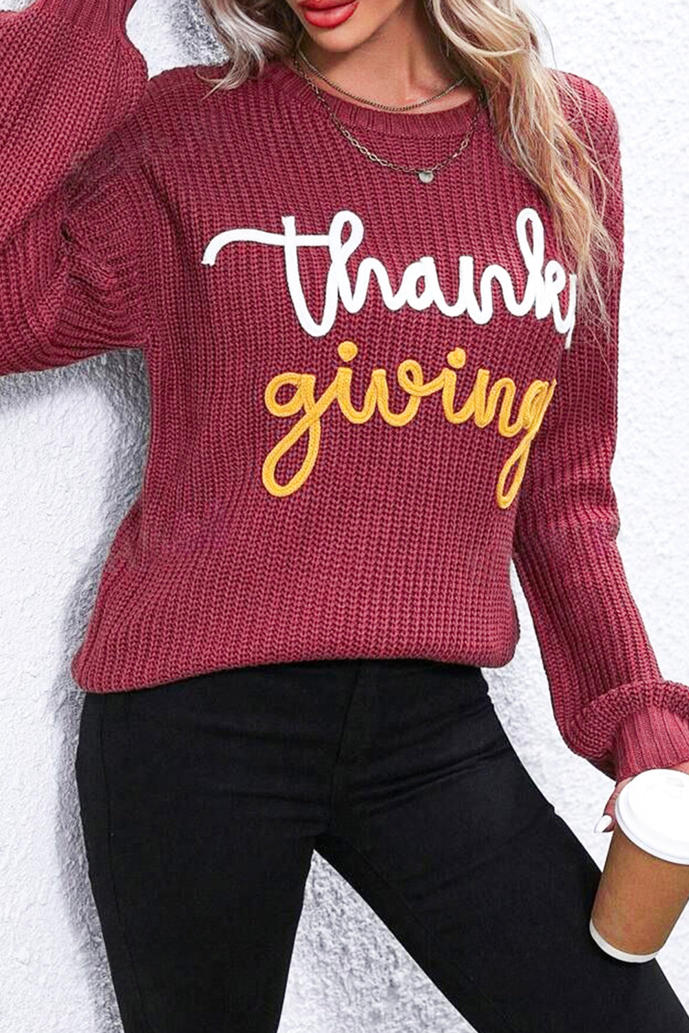 Gold Flame Thanksgiving Letter Graphic Crew Neck Sweater