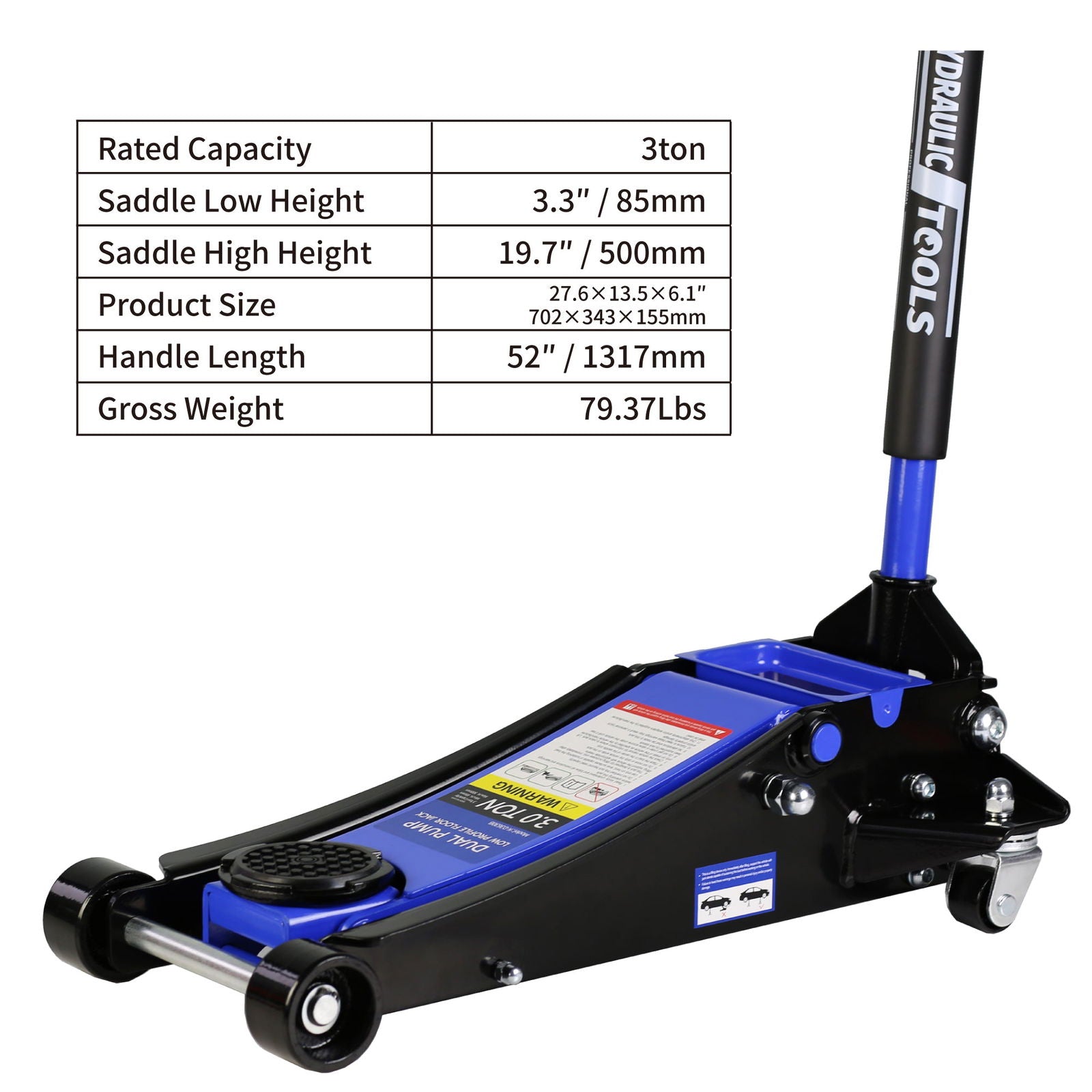 3t Low Profile Jack, Blue and Black, Ultra Low Floor Jack with Dual Pistons Quick Lift Pump, Car Jack Hydraulic AutoLifts for Home Garage, Truck Jack Hydraulic Lifting range 3.3"-19.7" himalipasal