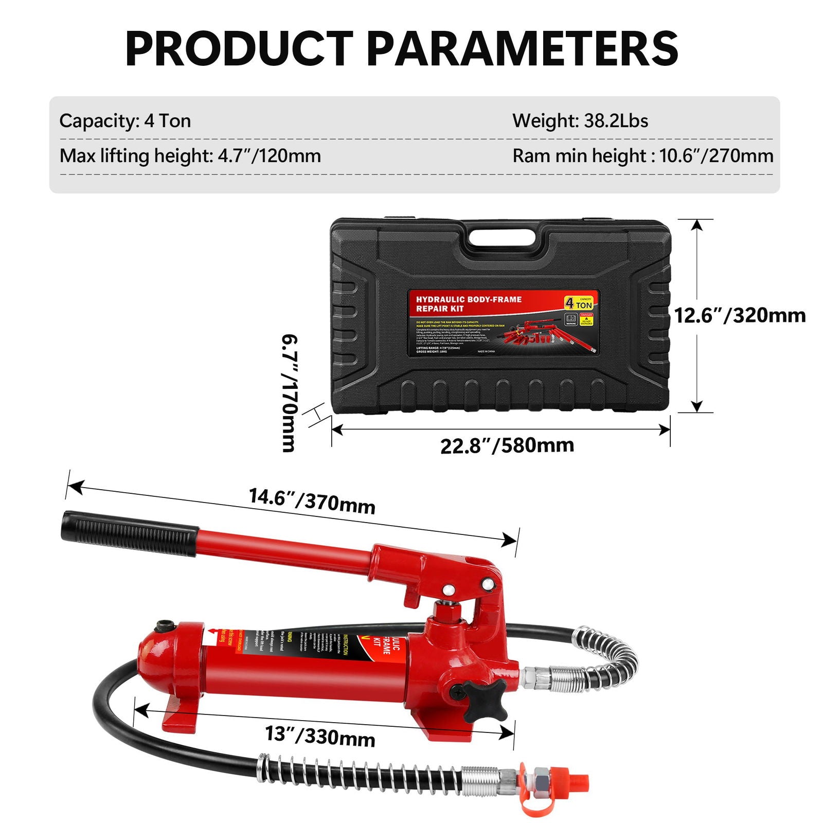 4 Ton Porta Power Kit, Portable Hydraulic Jack with Oil Hose, Auto Body Frame Repair Kit with Storage Case for Car Repair, Truck, Farm himalipasal