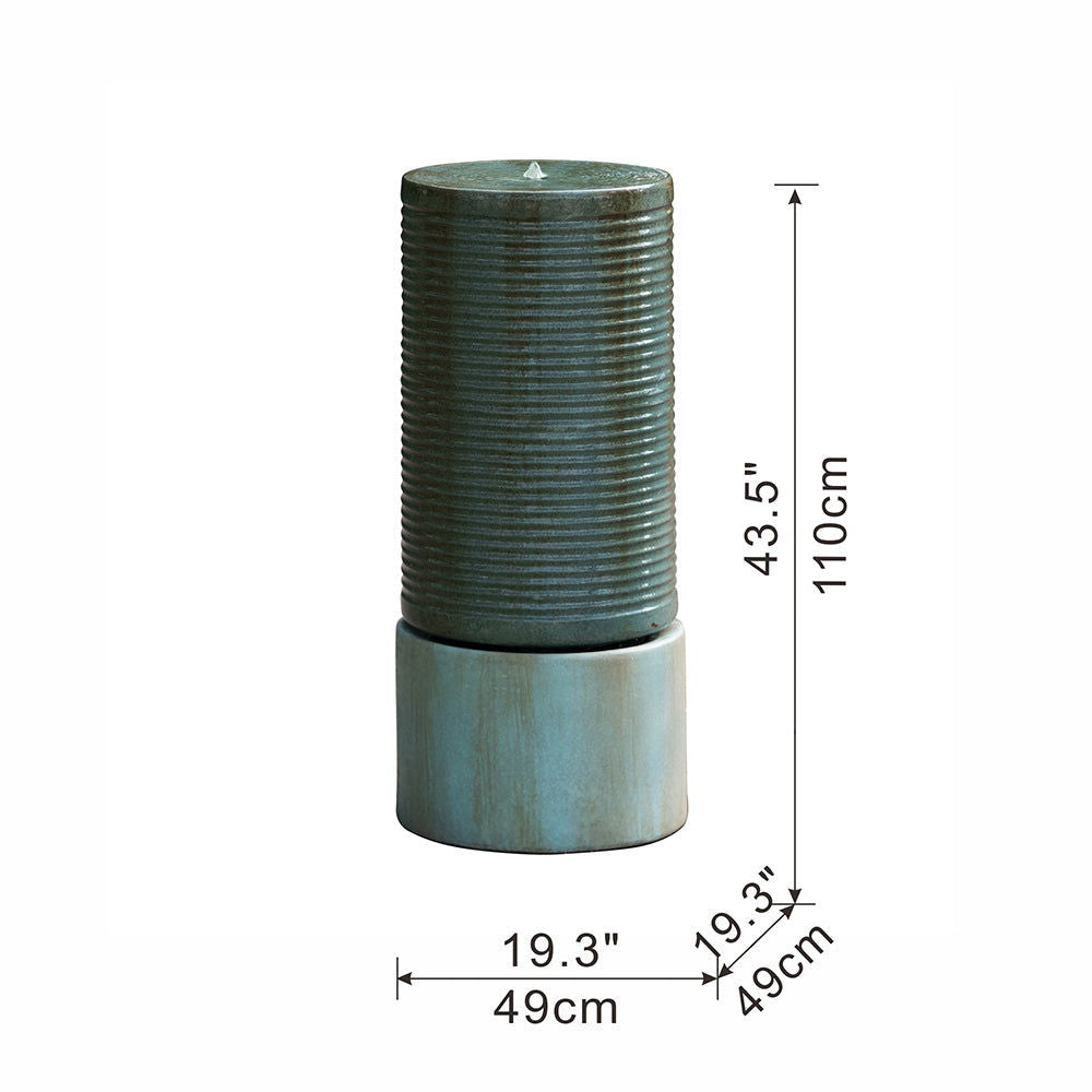 44" Tall Large Round Green Ribbed Tower Water Fountain, Verge Bronze, Cement Outdoor Bird Feeder / Bath Fountain himalipasal