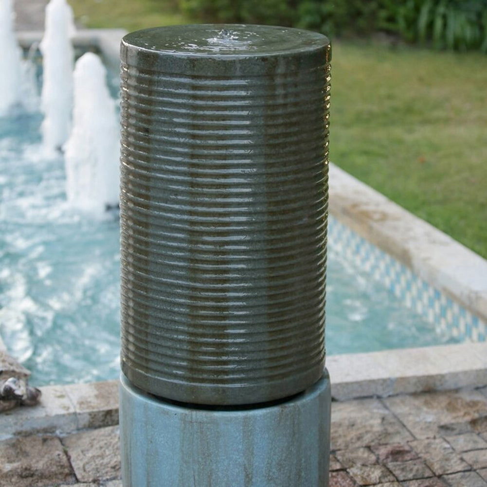 44" Tall Large Round Green Ribbed Tower Water Fountain, Verge Bronze, Cement Outdoor Bird Feeder / Bath Fountain himalipasal