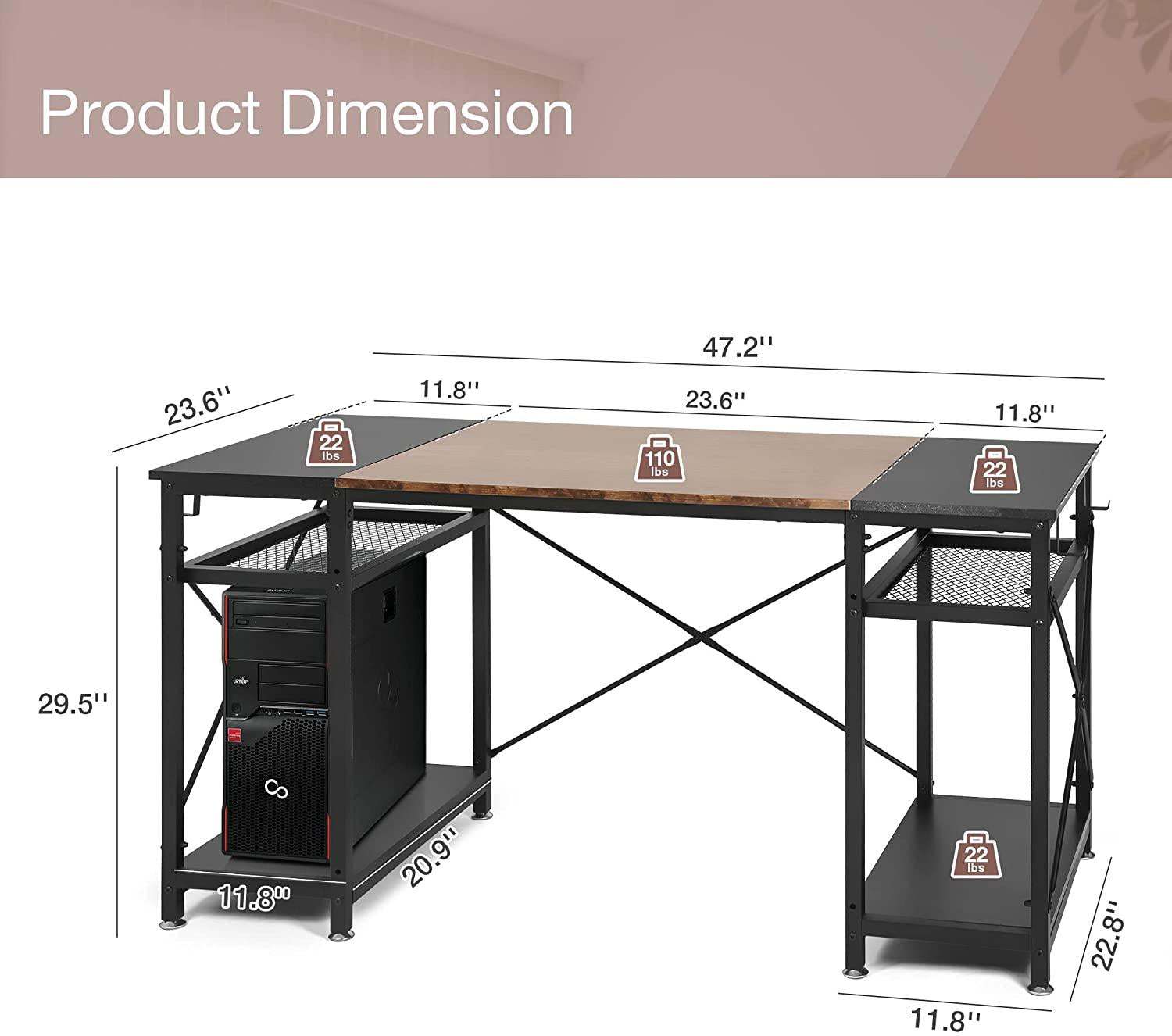 47.2" Computer Desk w/ 4 Storage Shelves & 4 Hooks, Large Desk Study Writing Table, Home Office Desk himalipasal