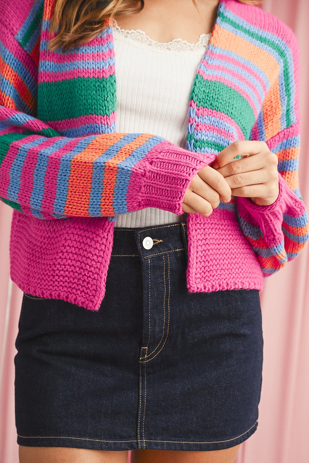 Rose Striped Puff Sleeve Open Front Cardigan