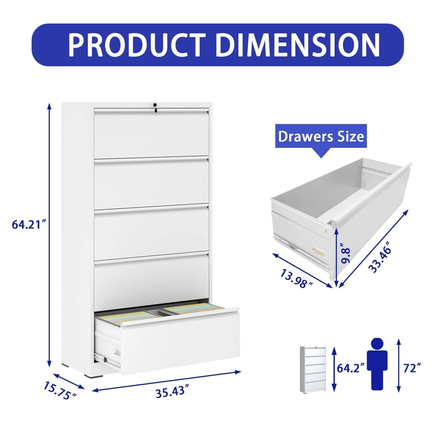 5 Drawer Metal Lateral File Cabinet , White Filing Cabinet with Lock, Lockable File Cabinet for Home Office, Locking Metal File Cabinet for Legal/Letter/A4/F4 Size himalipasal