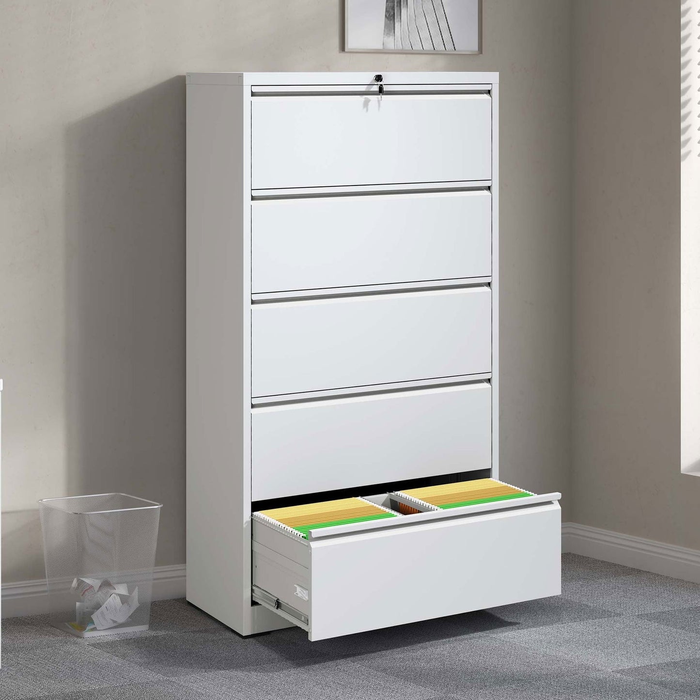 5 Drawer Metal Lateral File Cabinet , White Filing Cabinet with Lock, Lockable File Cabinet for Home Office, Locking Metal File Cabinet for Legal/Letter/A4/F4 Size himalipasal