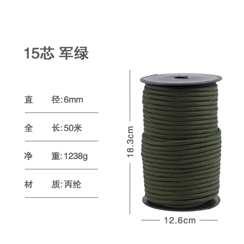 50M Outdoor Tent Paracorde Dia.6mm 15 Core Umbrella Rope Multifunctional Camping Braided Polypropylene Reflective Silk himalipasal