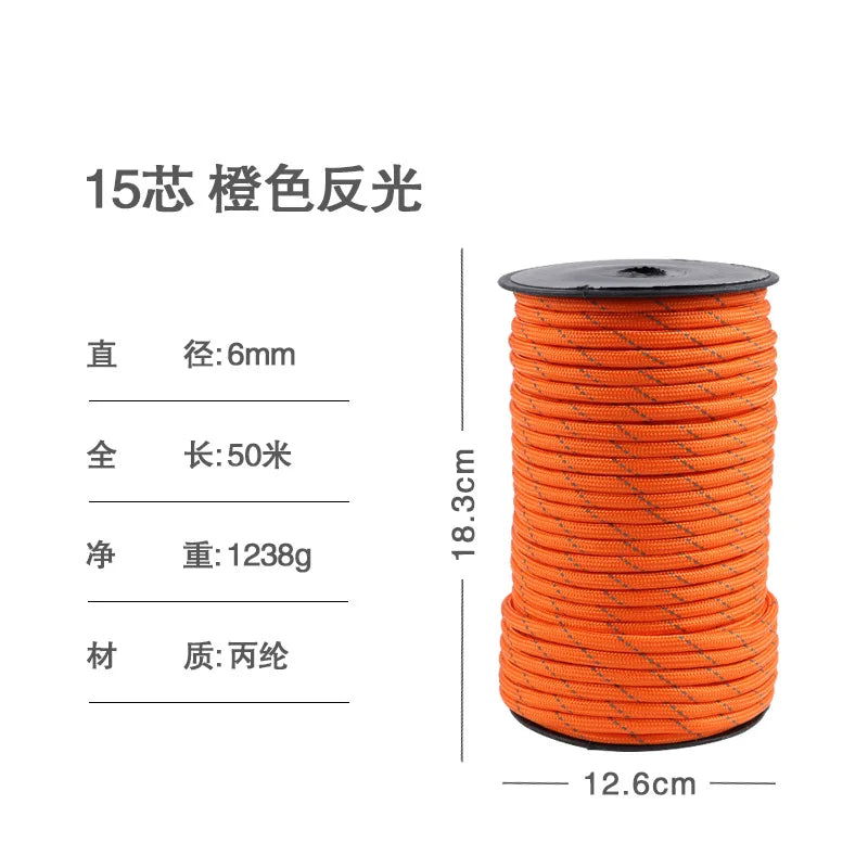 50M Outdoor Tent Paracorde Dia.6mm 15 Core Umbrella Rope Multifunctional Camping Braided Polypropylene Reflective Silk himalipasal