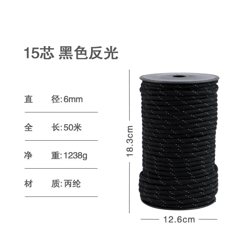 50M Outdoor Tent Paracorde Dia.6mm 15 Core Umbrella Rope Multifunctional Camping Braided Polypropylene Reflective Silk himalipasal