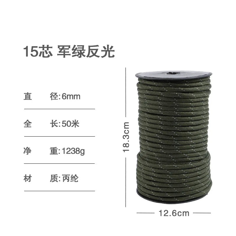 50M Outdoor Tent Paracorde Dia.6mm 15 Core Umbrella Rope Multifunctional Camping Braided Polypropylene Reflective Silk himalipasal